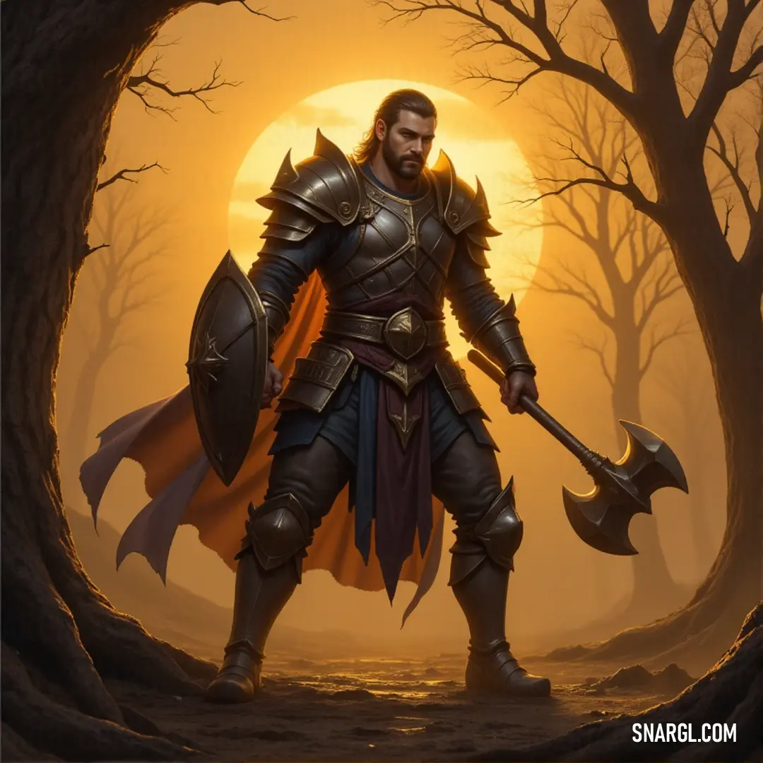 In the heart of a sun-dappled forest, a powerful knight with axe and shield stands ready, his gaze unwavering as he prepares for battle. A mighty warrior in shining armor stands tall in a sunlit forest, wielding a massive axe and shield. The warm light filtering through the trees adds to his imposing figure as he prepares for any threat.