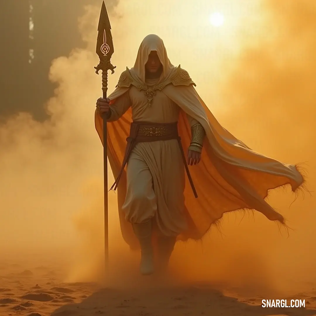 A resolute warrior in the desert, brandishing a sword and staff, surrounded by swirling sands and dust clouds, poised for adventure. A fierce warrior stands amidst swirling desert sands, gripping a staff in one hand and a glistening sword in the other, ready for battle, while a dramatic dust cloud swirls around him, setting the stage for an epic confrontation.