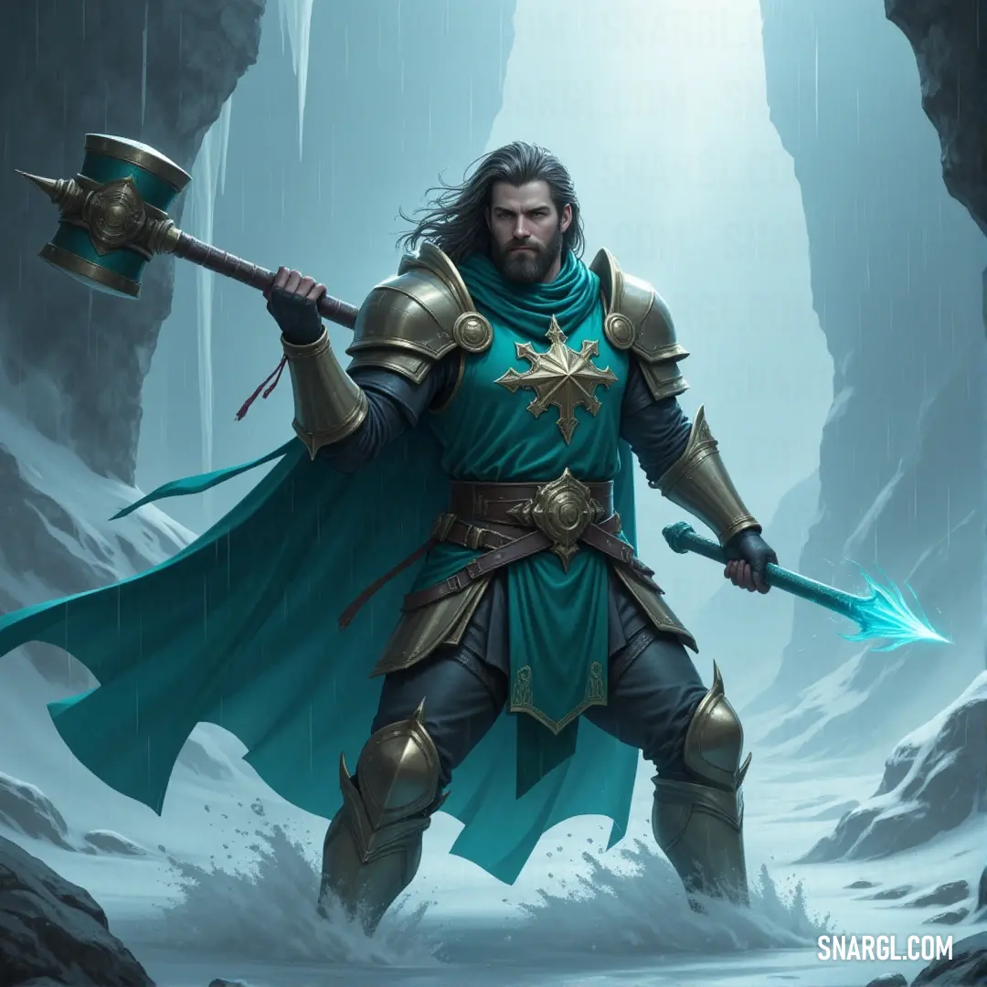 Clad in a brilliant blue armor, the knight grips his spear and sword, facing the wintry mountains with a determined, powerful presence amidst the cave’s chill. A fearless knight in a striking blue outfit wields a spear and sword, standing in a snowy cave. The cold mountain landscape outside the cave looms as a majestic and intimidating backdrop to his ready stance.