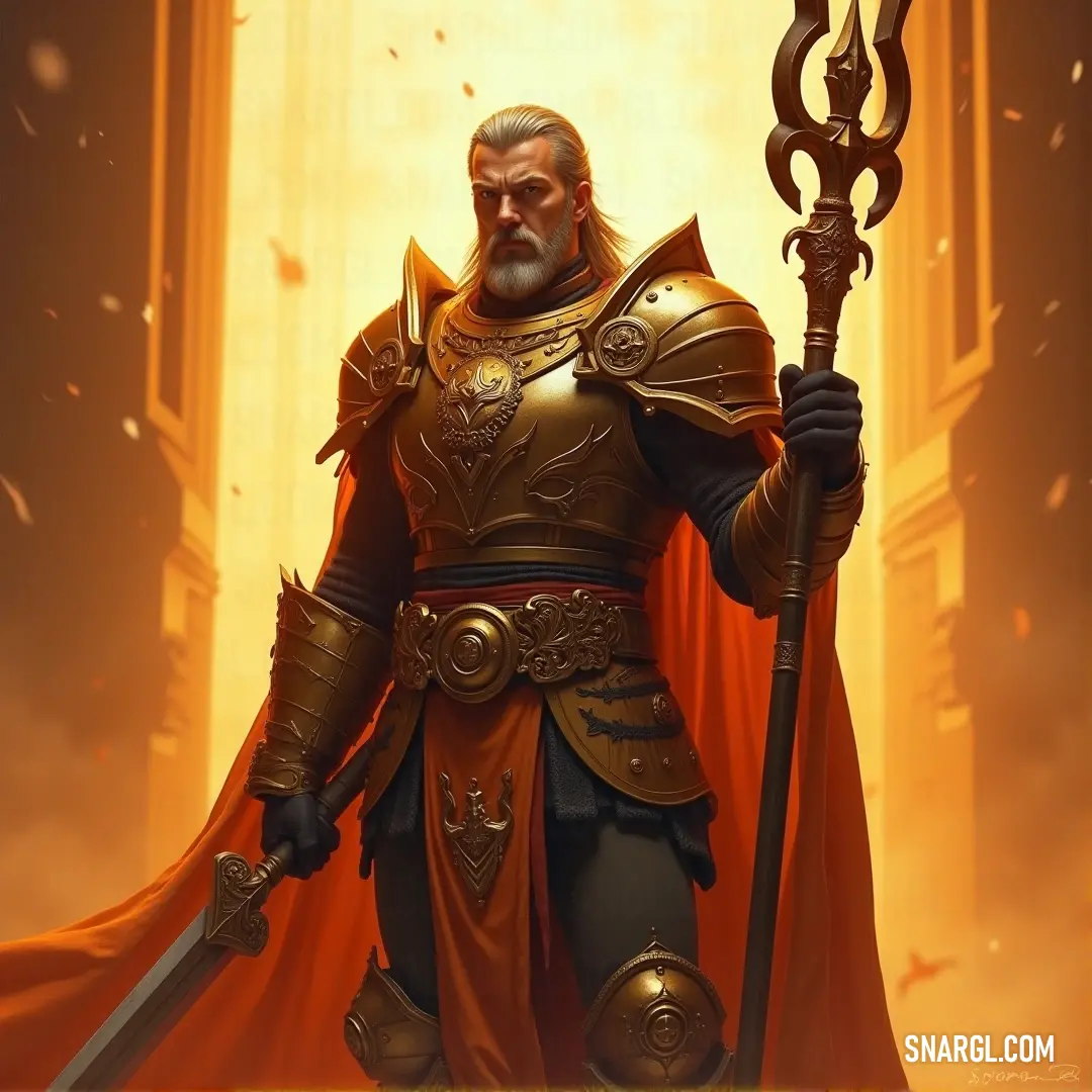 This knight, wearing shining gold armor, grasps his sword and staff with regal composure, evoking a sense of power and wisdom in his calm yet commanding presence. A proud knight dressed in golden armor holds a sword and staff, exuding strength and nobility. His stance suggests both wisdom and power, as he stands against an undefined yet captivating backdrop.