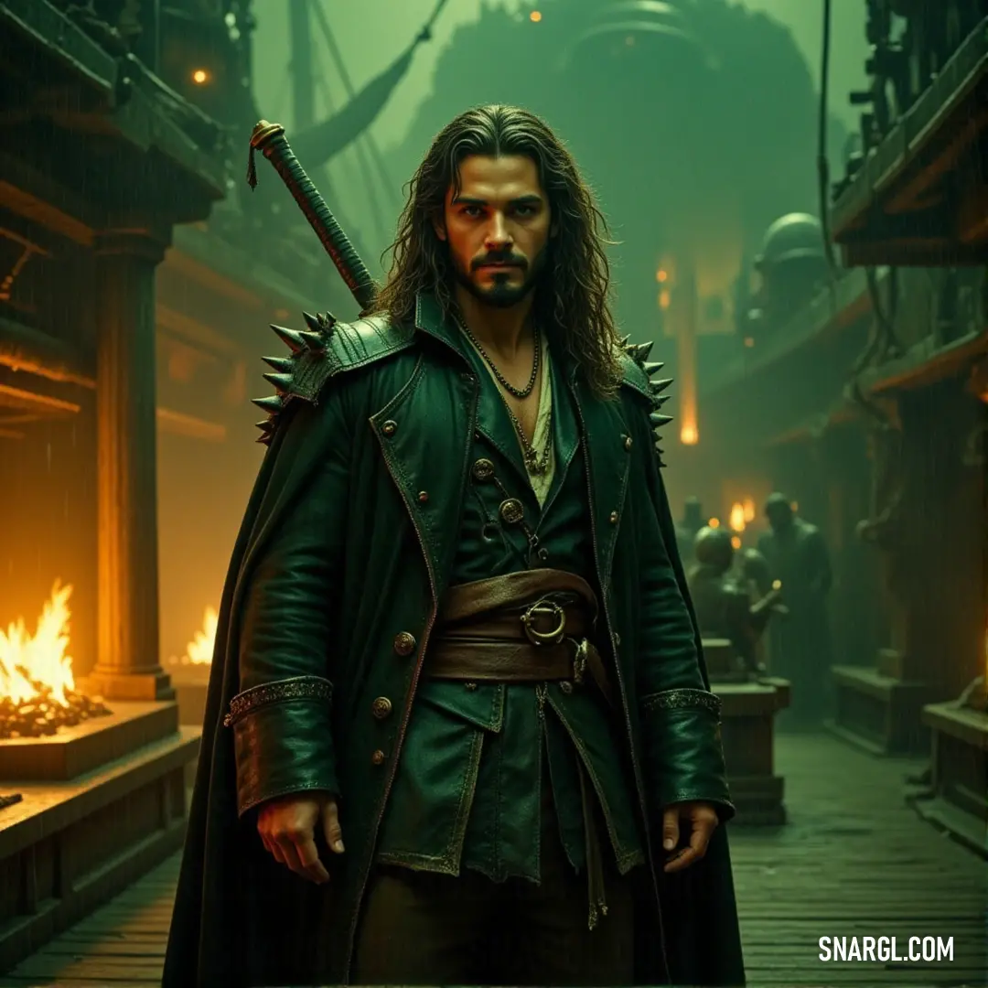 Sir Francis Drake, in a green coat and with sword in hand, stands in a fiery room, the heat of battle closing in around him. Sir Francis Drake, cloaked in a green coat, holds a sword, standing in a dimly lit room with flickering flames dancing in the background.