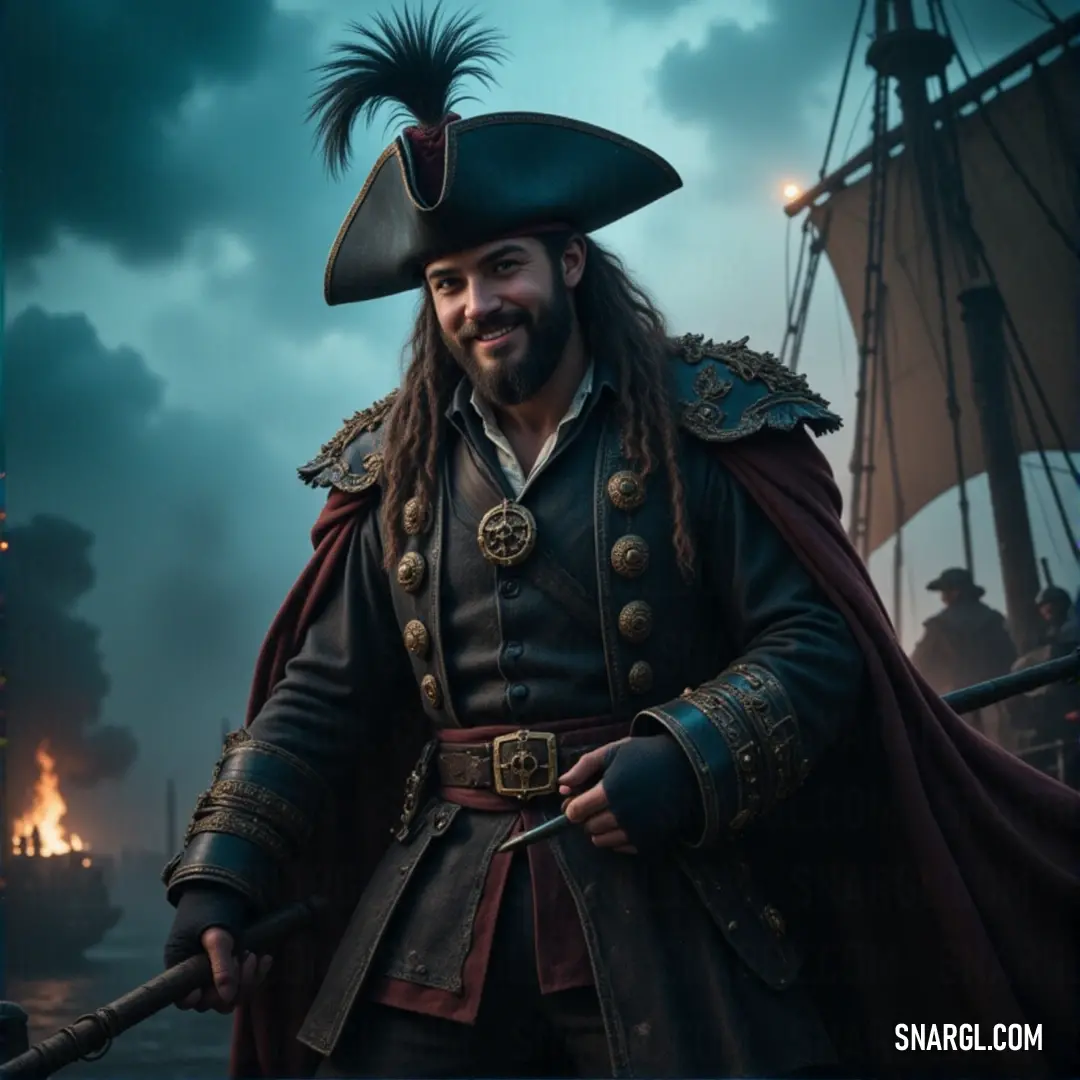 Sir Francis Drake, dressed as a pirate, grips his sword, standing boldly with a pirate hat on his head, ready for adventure. Sir Francis Drake dons a pirate hat, holding a gleaming sword, his pirate costume marking him as a legendary seafarer amidst the vast blue sea.