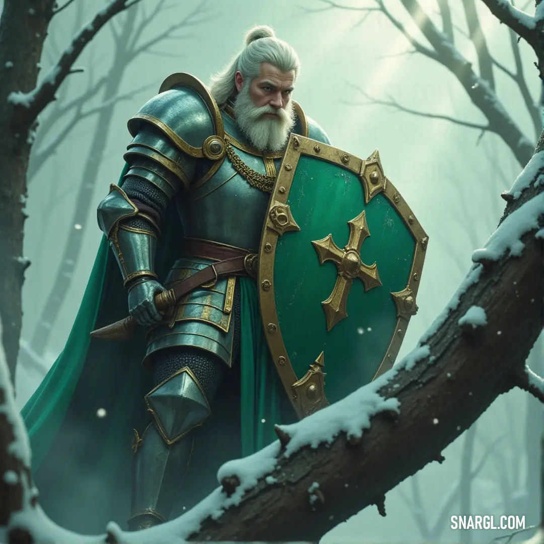 A valiant knight in green and gold armor holds a shield amidst the serene, snow-filled forest, surrounded by bare trees and quiet winter beauty. A knight dressed in shimmering green and gold armor stands tall in the heart of a snow-covered forest, gripping a shield as towering trees loom in the frozen landscape around him.
