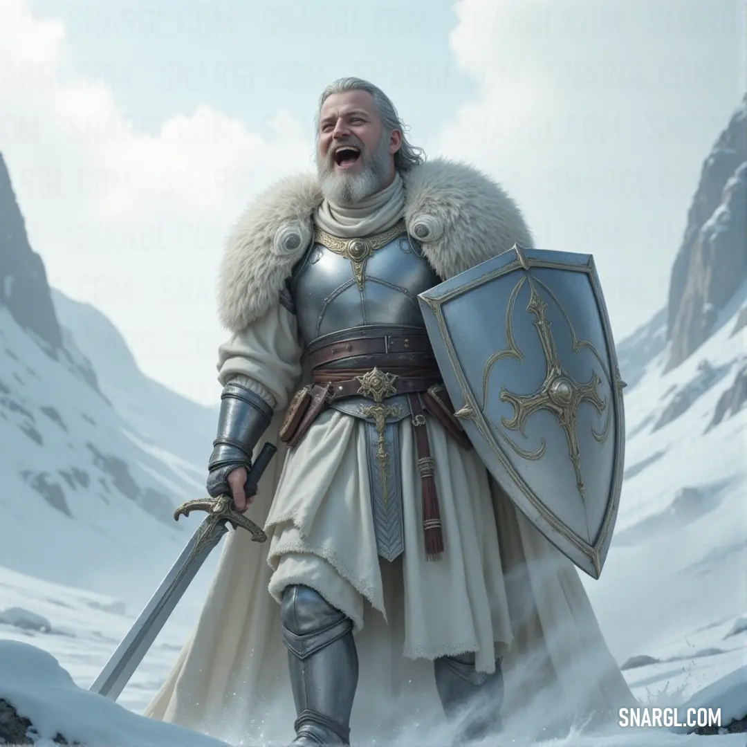 A knight in white and silver armor, armed with a sword and shield, stands firmly in the snow, ready for battle in the wintery wilderness. A heroic figure clad in gleaming white and silver armor stands tall, holding a sword and shield, as snowflakes swirl around him in a frosty landscape.
