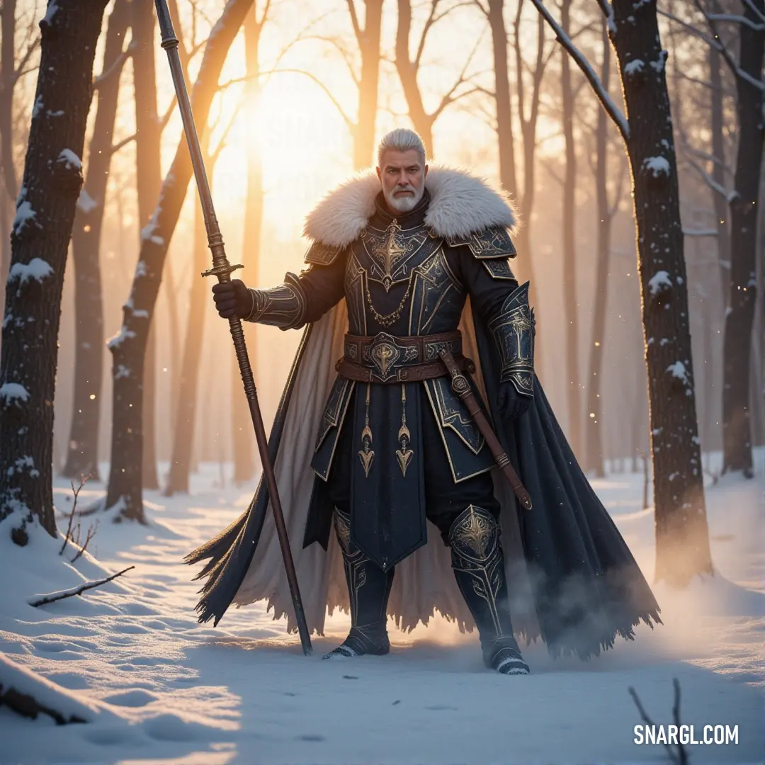 Sir Gideon, a warrior in medieval attire, stands resolute in a snow-filled forest, holding his sword high with strength and valor as the icy winds blow through the trees. A medieval knight, Sir Gideon, clad in a battle-worn outfit, stands tall in the midst of a snow-covered forest. He grips his sword with determination as snowflakes fall, and towering trees surround him in the quiet of winter.
