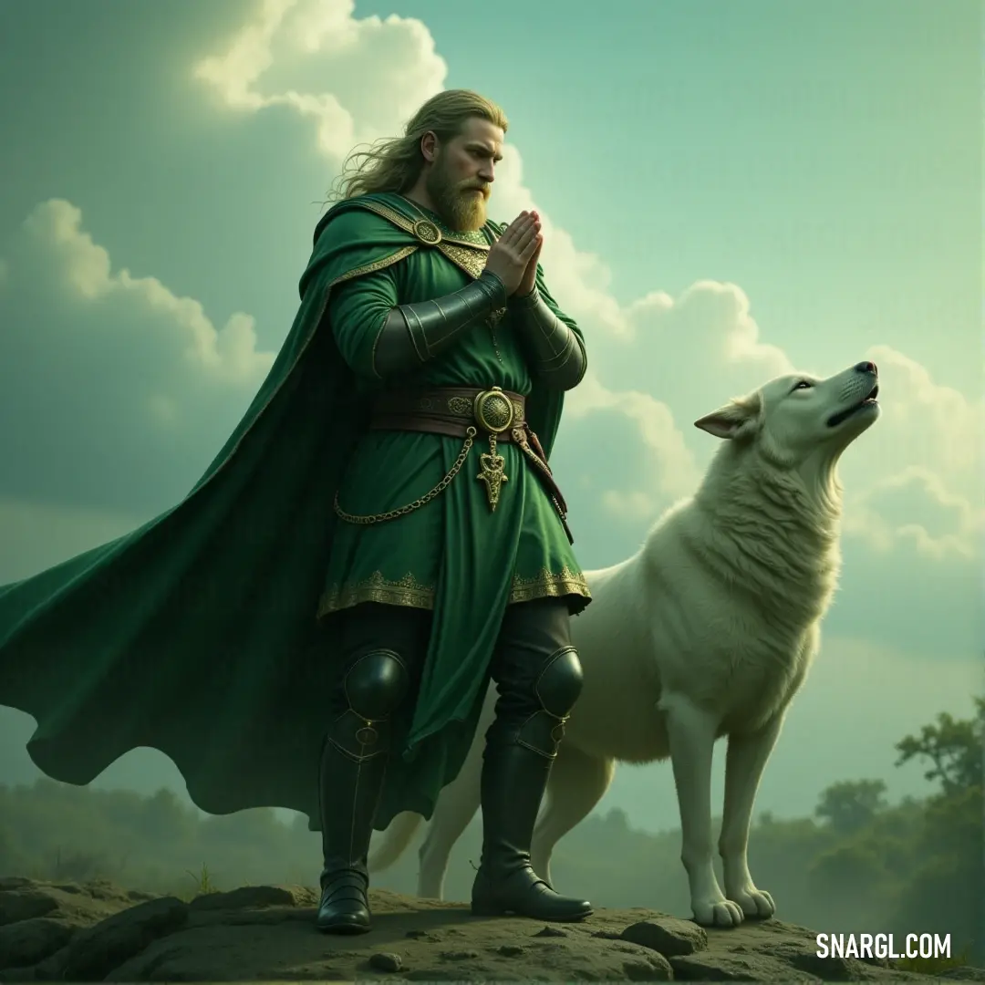 Sir Gideon in a green cape, accompanied by a white dog, standing on a rocky hilltop with clouds swirling overhead. Sir Gideon, wearing a flowing green cape, stands next to a white dog on a rocky hillside, with dramatic clouds filling the sky, as they both survey the land below.