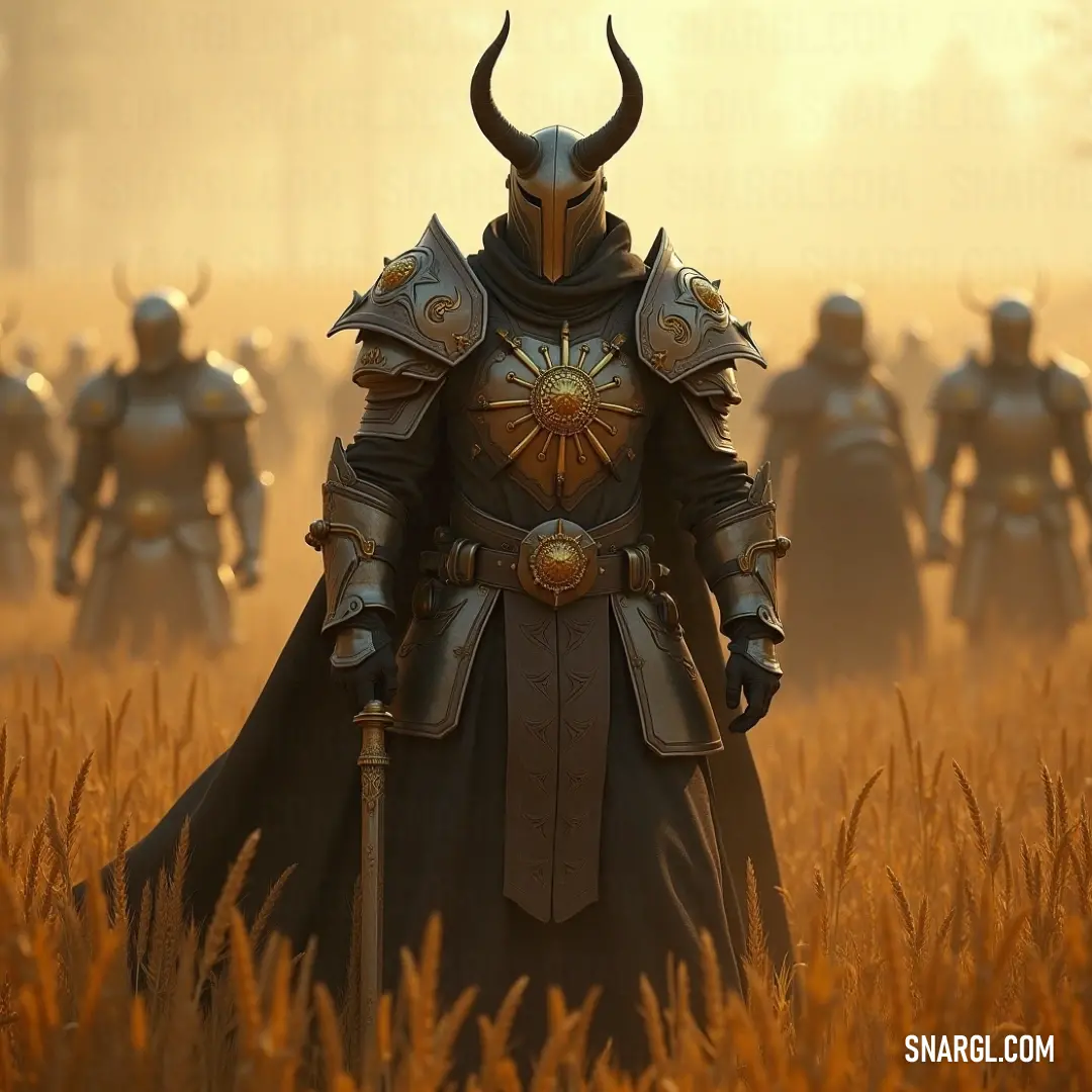 A brotherhood of knights clad in armor, their horned helmets standing tall as they march across a field of tall grass, ready for whatever fate brings. A group of armored knights march through tall, wind-swept grass. Each wears a horned helmet, exuding strength and unity as they prepare for their next great adventure.