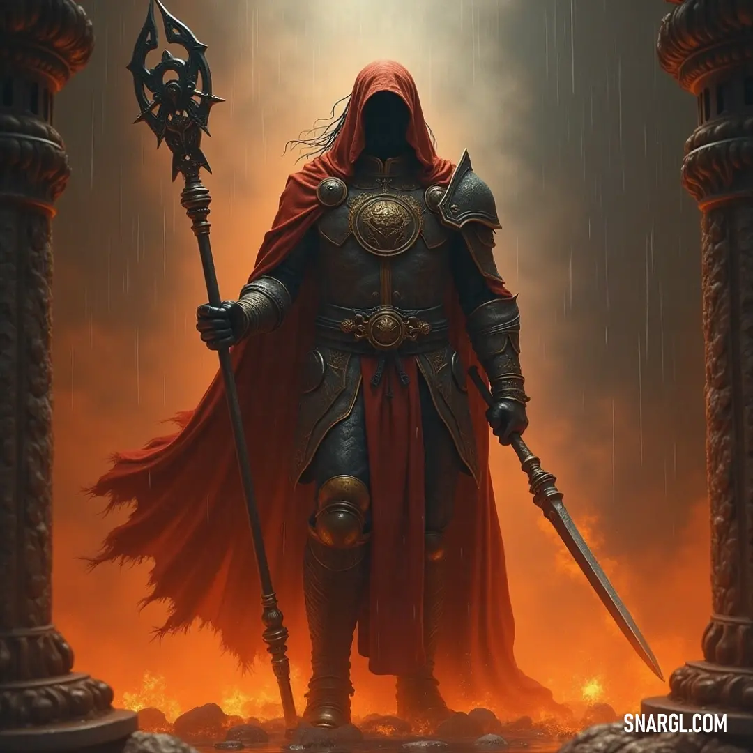 An intrepid warrior adorned in a striking red cape skillfully wields a sword and a scepter before a roaring fire, embodying the essence of courage and valor in a moment of intense focus. A brave warrior with a radiant red cape grips a sword and a scepter securely while a fire blazes fiercely in the background, illuminating the determined look on his face as he prepares for battle.