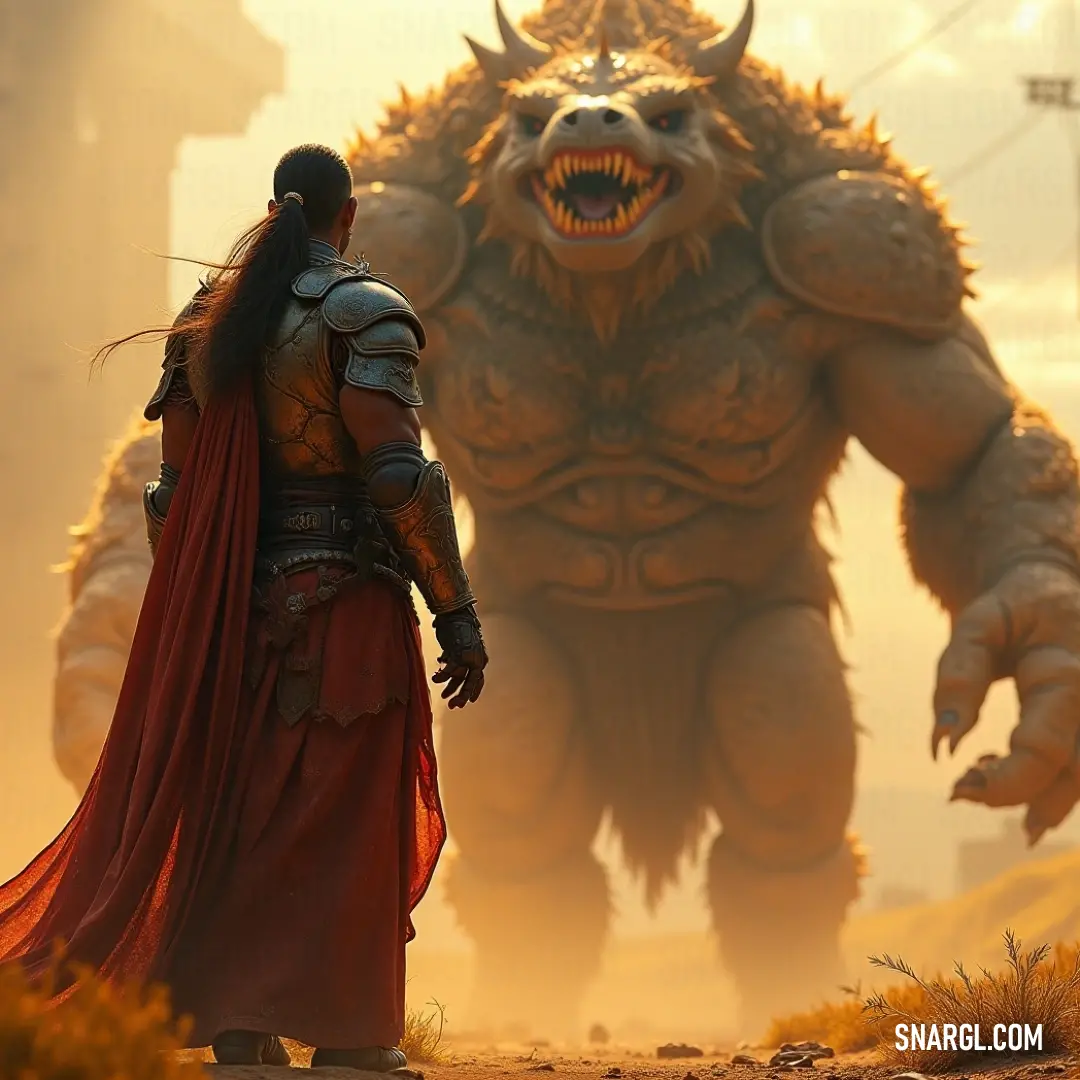 A valiant hero in a striking red cape stands alongside a colossal beast in a sprawling desert, enveloped by an expansive sky that hints at untold adventures. A heroic figure draped in a vibrant red cape stands boldly beside an enormous creature, set against a vast desert landscape contrasted by a sprawling sky that suggests both mystery and adventure.