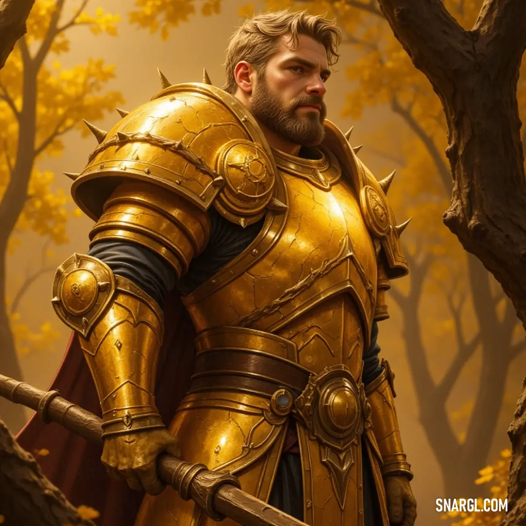 A majestic knight, shining in golden armor, stands proudly in a tranquil forest, sword and shield in hand, epitomizing bravery and nobility. A valiant knight adorned in gleaming golden armor stands tall in a serene forest, holding a sword and shield confidently on his shoulder, a symbol of courage and valor.