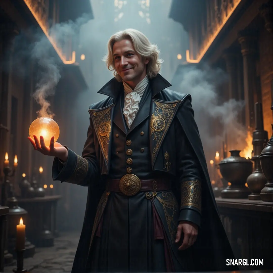 Sir Isaac Newton, in a black coat, stands in a dark room, holding a glowing orb, while candles flicker in the background, casting mysterious light on his intense expression. Sir Isaac Newton, dressed in a black coat, holds a glowing orb in his hand, surrounded by dim candlelight and the faint glow of a lantern. The room pulses with an otherworldly energy as the orb illuminates his thoughtful face.
