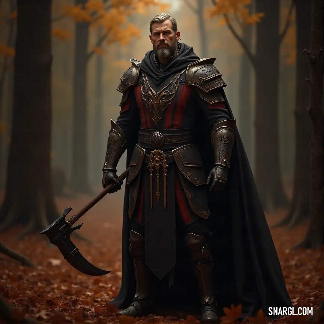 Sir Jarrett in medieval armor, holding a sword and shield, standing in a forest with fallen leaves at his feet. Sir Jarrett, wearing medieval armor, stands with sword and shield in hand, amidst a forest where leaves cover the ground, his focus unwavering as he prepares for the unknown.