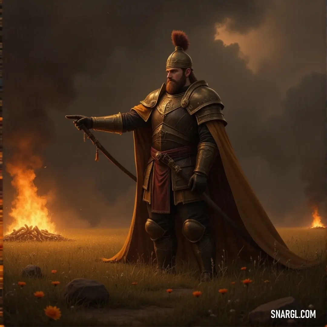 Sir Kay, in full armor, stands bravely among flowers and rocks, with a distant fire symbolizing the ongoing battle. Sir Kay stands strong in medieval armor, his sword and shield held high, surrounded by a field of flowers and rocks. In the distance, flames rise into the sky, hinting at the chaos beyond this peaceful scene.