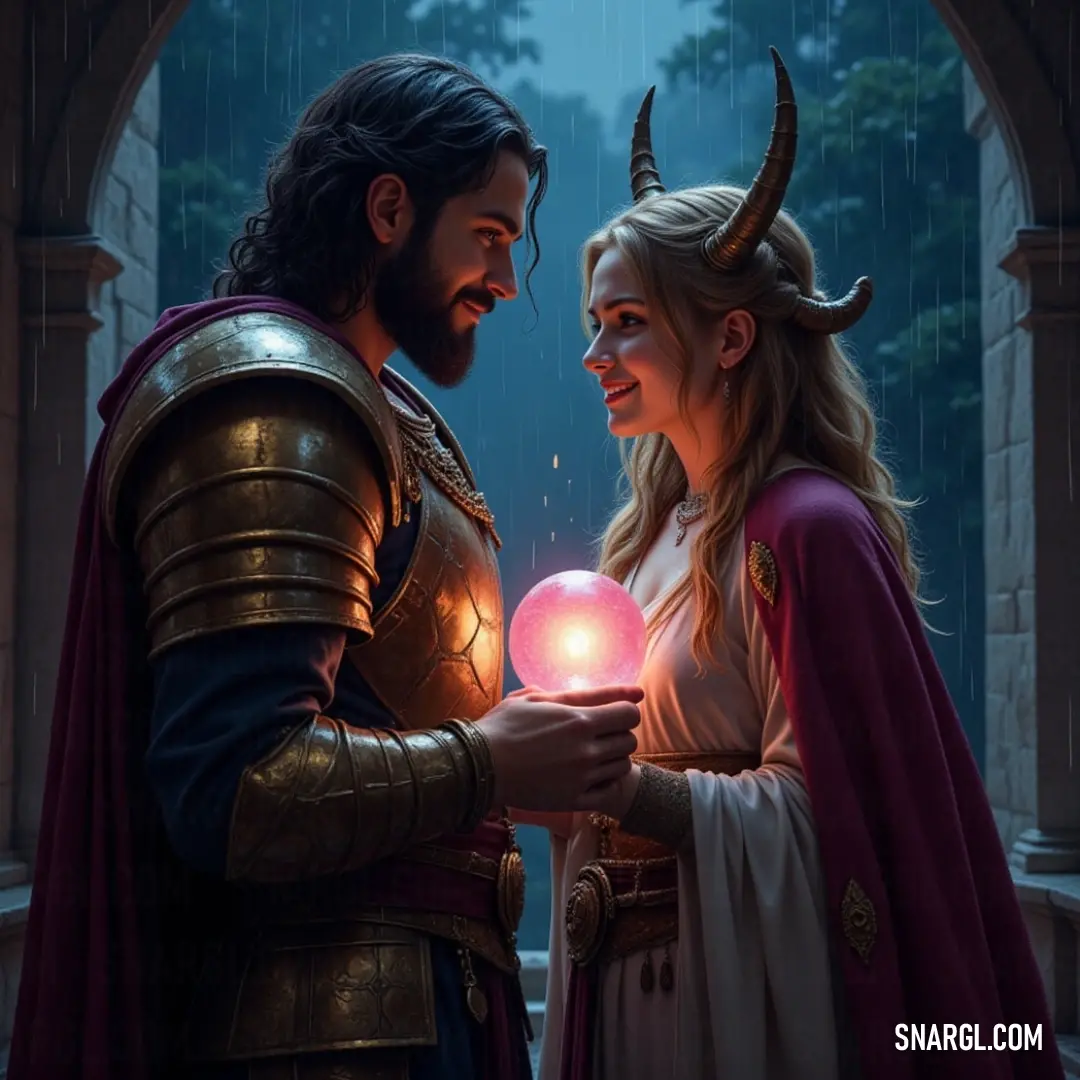 In a moment filled with mystique, two individuals adorned in rich costumes stand proudly before a grand castle, clutching a shimmering crystal ball that hints at magical secrets waiting to be unveiled. Two figures clad in elaborate medieval attire stand in front of an ancient castle doorway, holding a glittering crystal ball that reflects the surrounding light, suggesting the presence of magical forces and untold stories.