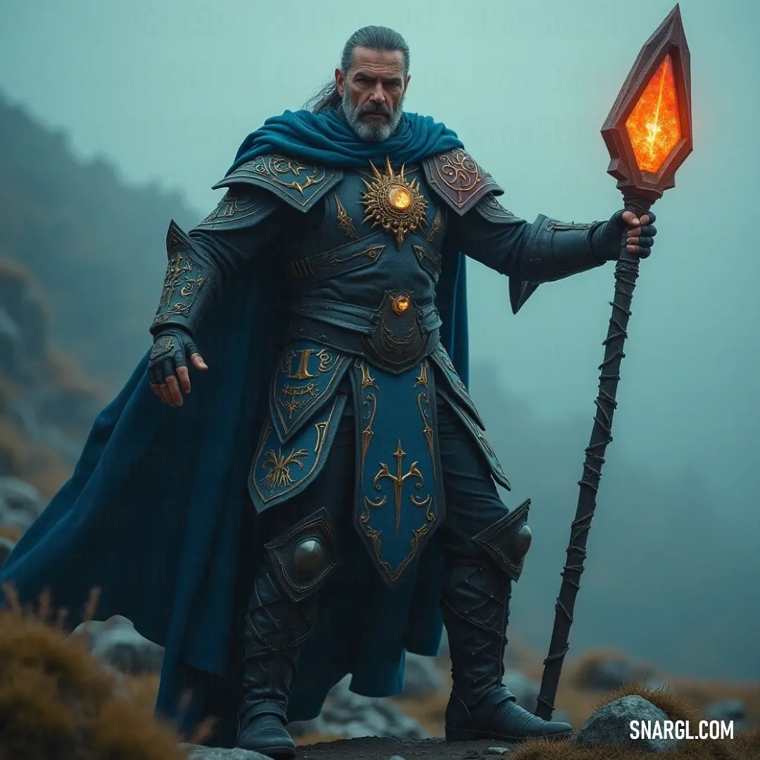 A knight in blue holds a lit torch and a stone lantern, their light contrasting with the deep blue of his costume. A brave knight dressed in blue stands tall, holding a torch that flickers with light, while a stone lantern in his other hand casts a soft, warm glow. The contrast between the cool tones of his outfit and the fire creates a striking visual balance.