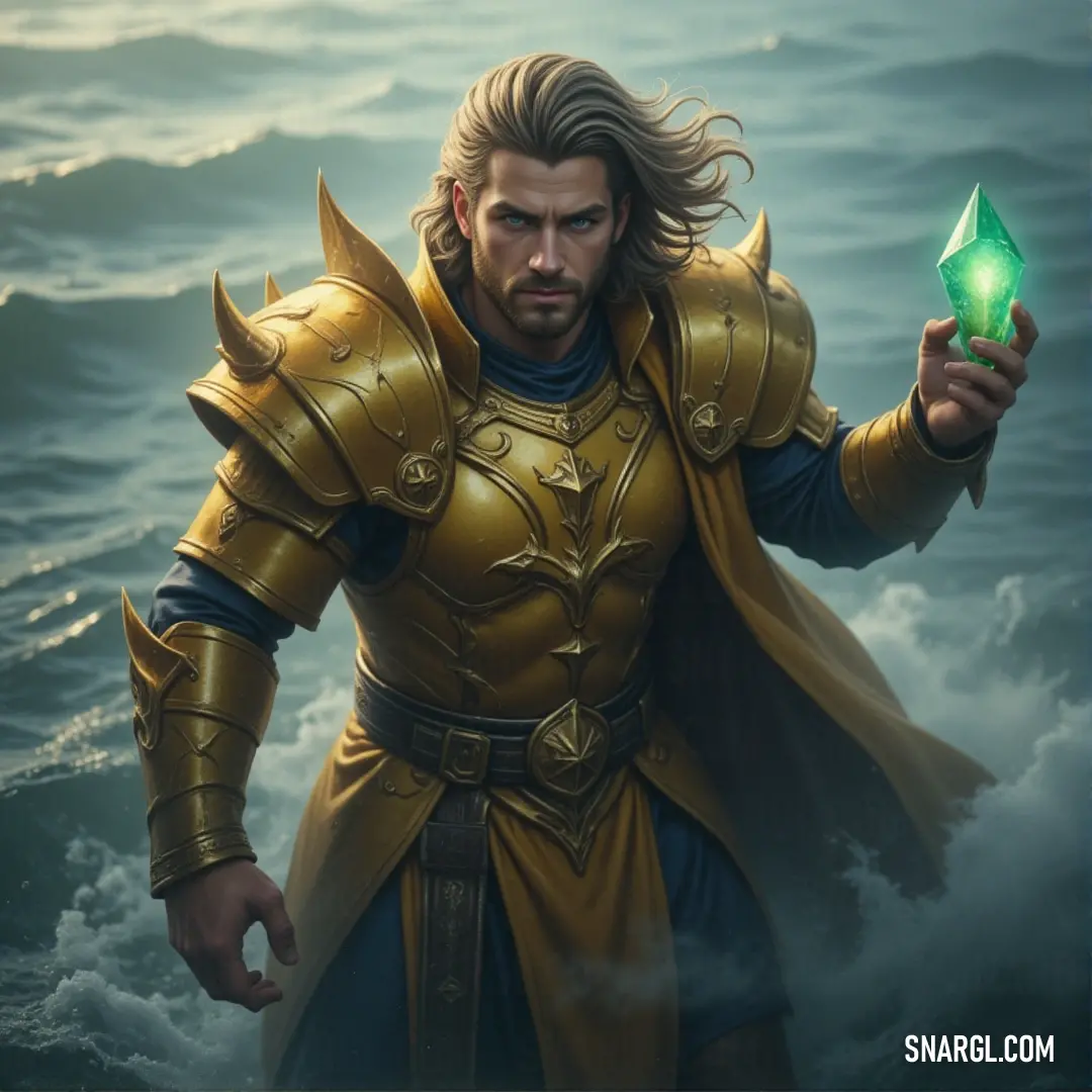 Knee-deep in water, a figure in golden attire holds a glowing crystal ball, surrounded by crashing waves, as if harnessing the power of nature itself. A dark and enigmatic figure in golden attire stands knee-deep in water, holding a glowing green crystal ball. Waves crash around him, and the mysterious energy of the orb suggests an unknown power at play.