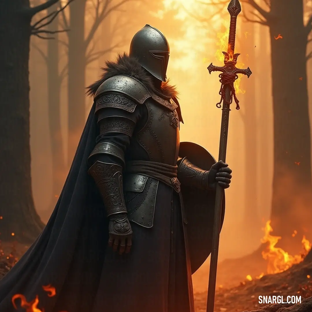 A courageous knight clad in armor, sword raised, standing in a foggy forest with flames in the distance and a cross on the ground. The scene is filled with tension and mystery. A knight in shining armor stands bravely in a misty forest, holding a sword high as flames flicker ominously behind him. A cross lies on the ground, adding an air of mystery and drama to the scene. The forest is dark, with trees looming in the background.
