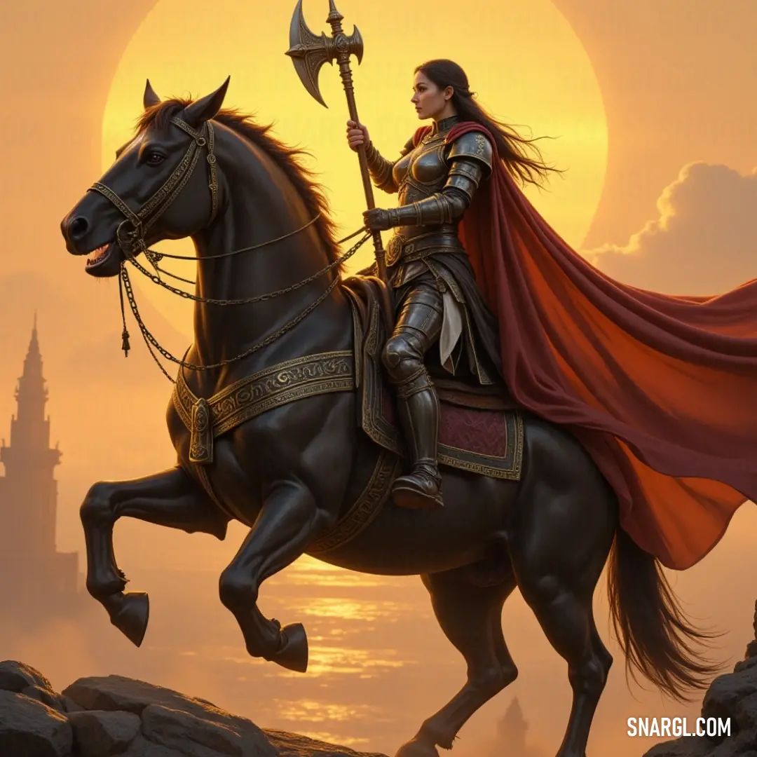 A gallant warrior, donning a flowing red cape, commands his horse with finesse, brandishing a staff while a regal scepter rests at the steed's side, heralding greatness. A striking figure clad in a vibrant red cape gallops on a valiant horse, holding a staff that symbolizes power, a scepter resting upon the horse, ready for grand adventures.
