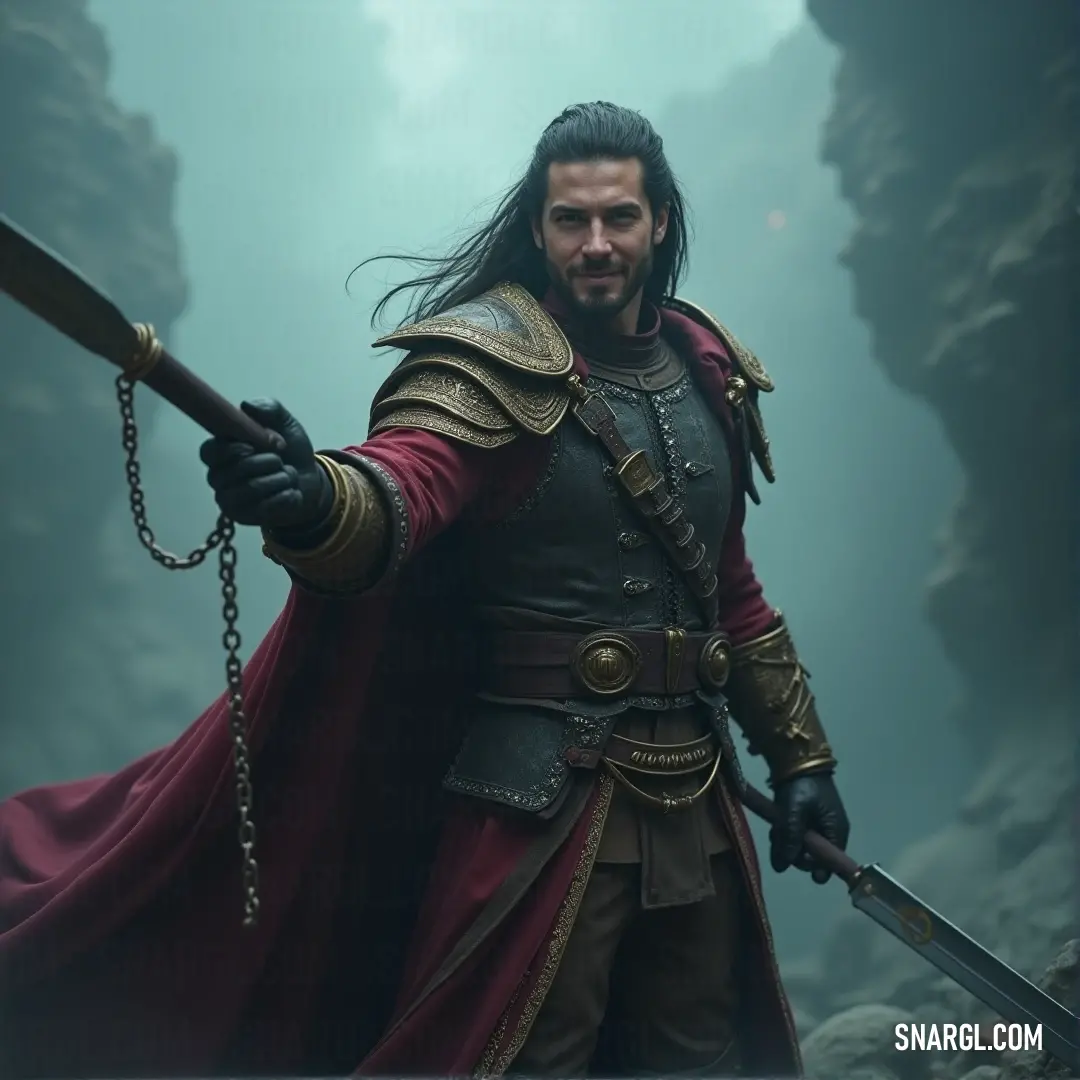 Sir Roderick, in a striking red cape, holds both a sword and a chain, his stance commanding as he faces the unknown with unyielding strength. Sir Roderick, clad in a red cape, grips his sword in one hand while holding a chain in the other. His strong presence dominates the scene as he stands ready for action in a world full of uncertainty.