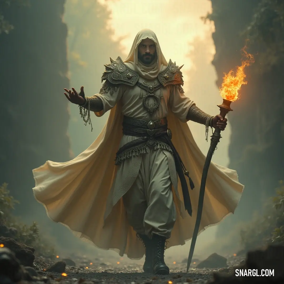 A knight in brilliant white attire contrasts against the greenery of the forest, armed with a sword and a fire stick, exuding a mix of calmness and fierce determination. A noble knight clad in white armor stands strong, wielding both a sword and a blazing fire stick, framed by the lush serenity of a forest filled with the whispers of the trees.