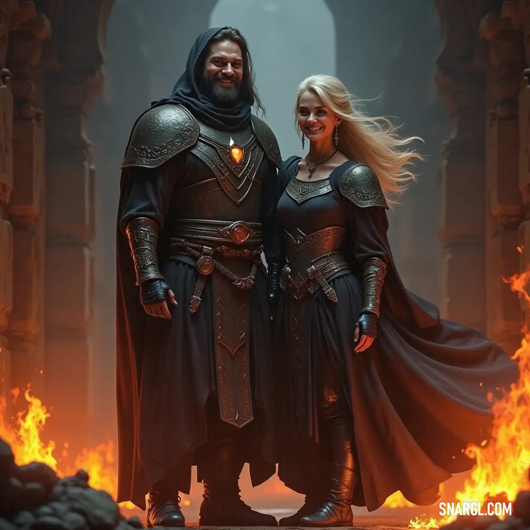A moment of camaraderie and tradition, two knights adorned in medieval garb stand confidently by a flickering fire, symbolizing unity and courage. Two heroic figures dressed in resplendent medieval costumes stand side by side near a roaring fire pit, the flames casting an enchanting glow that hints at tales of valor and camaraderie.