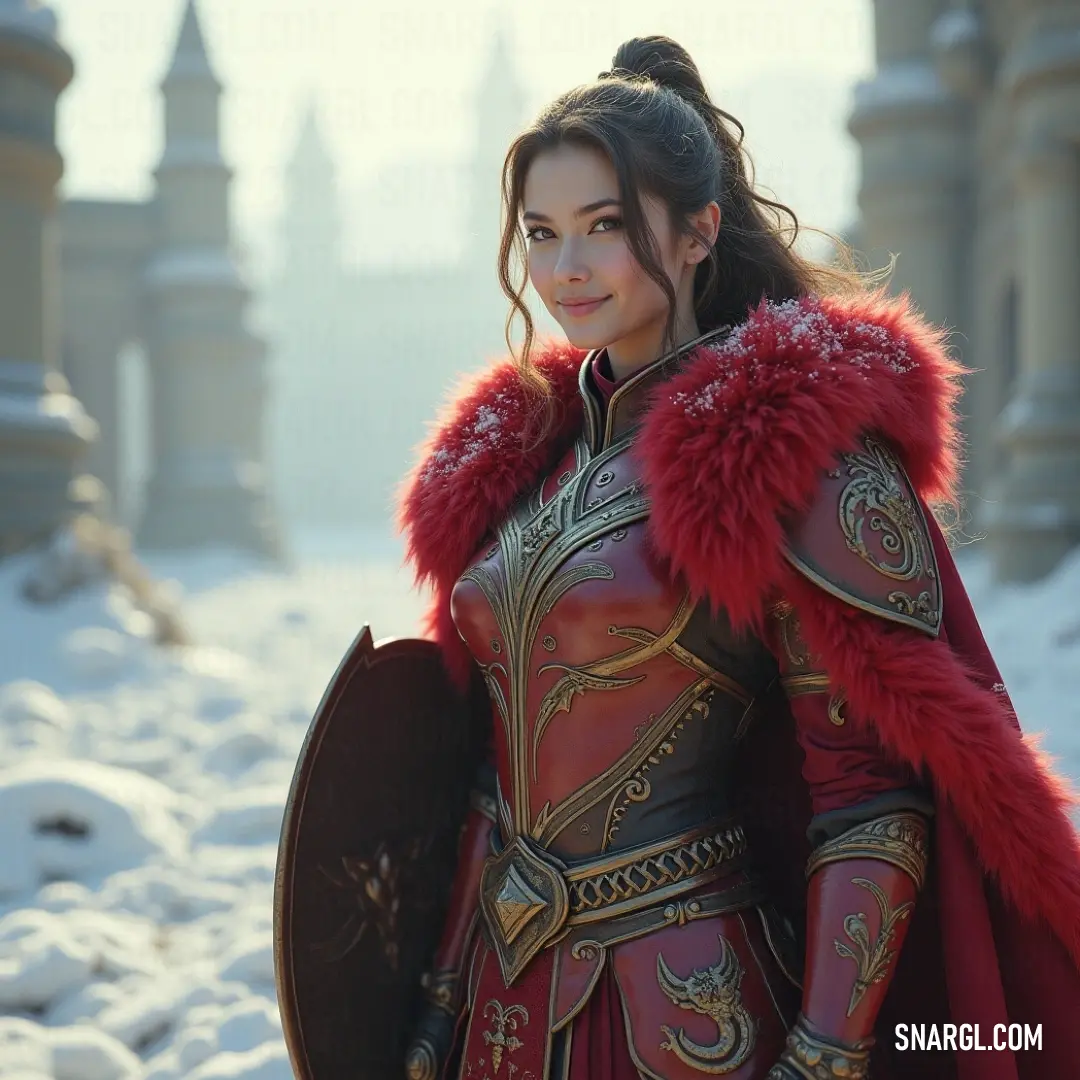 Sir Titus emerges from a snow-laden terrain, her vibrant attire and weaponry proclaiming her fierce spirit, a crusader ready to brave the bitter cold and challenges ahead. In a chilling landscape, Sir Titus stands defiantly, clad in a striking red outfit and fur collar, wielding a shield and sword, embodying the spirit of a fierce warrior in battle.