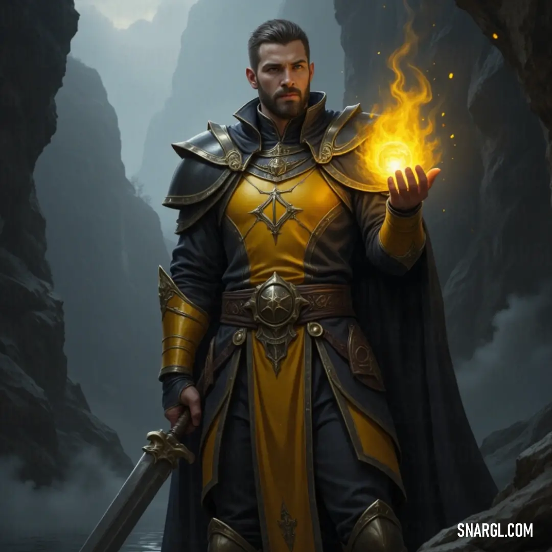 With a blazing sphere of fire in one hand and a fierce determination in his eyes, this warrior in bold attire stands ready to unleash his powers in an electrifying moment. A dynamic warrior in a striking yellow and black outfit grips a fiery orb in his hand, exuding energy and confidence against a backdrop that evokes a sense of impending action and magical potential.