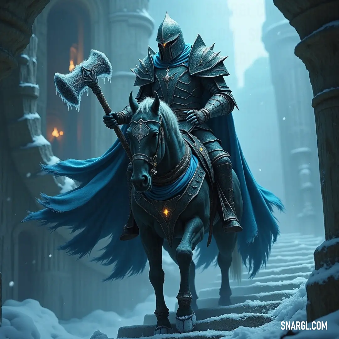 A brave knight on horseback, sword raised high, rides through a snowy terrain. The landscape is quiet, with only the sound of hooves breaking the silence in the frozen winter air. A knight on horseback rides through a snowy landscape, his sword raised in one hand, his helmet gleaming in the pale winter light. The horse’s hooves crunch the snow as the cold, barren trees stand in the distance, setting the stage for an epic jou