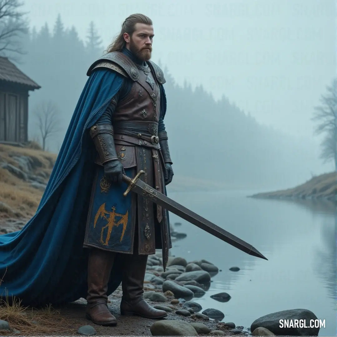 A lone knight stands resolute on a rocky shore, sword and shield in hand, as the calm sea and sunset provide a backdrop to his watchful stance. A knight clad in medieval armor stands on a rocky shoreline, his sword resting on his shoulder and his shield at his side. The setting sun reflects off the ocean waves, casting an ethereal glow on the brave warrior's silhouette.