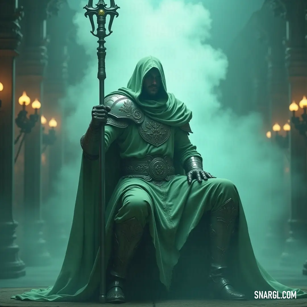 A figure in a green tunic, holding a staff and lamp, stands in a fog-filled space where soft lights shine, creating a dreamlike atmosphere of mystery and enchantment. A knight in a green outfit stands in a foggy, illuminated space, holding a staff and lamp that cast a soft light into the mist. The lights twinkle around him, adding a touch of wonder to the ethereal scene.