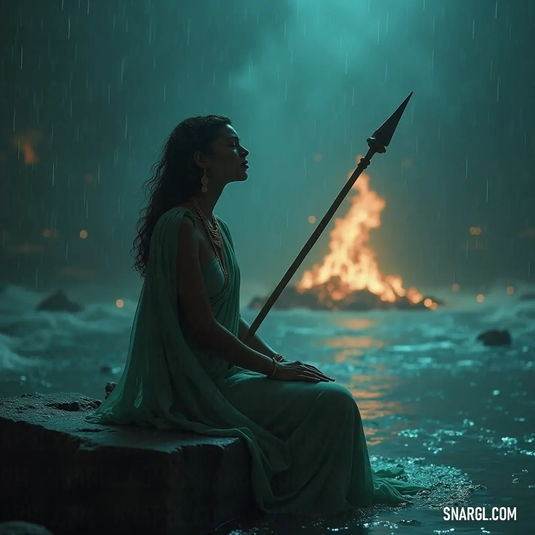 Powerful siren brandishing a spear amidst flames and tumultuous waters. Dramatic siren on a rocky outcrop amidst turbulent waters, gripping a spear, with fiery flames illuminating the scene, embodying both danger and beauty in a moment of high tension against a backdrop of intense colors.