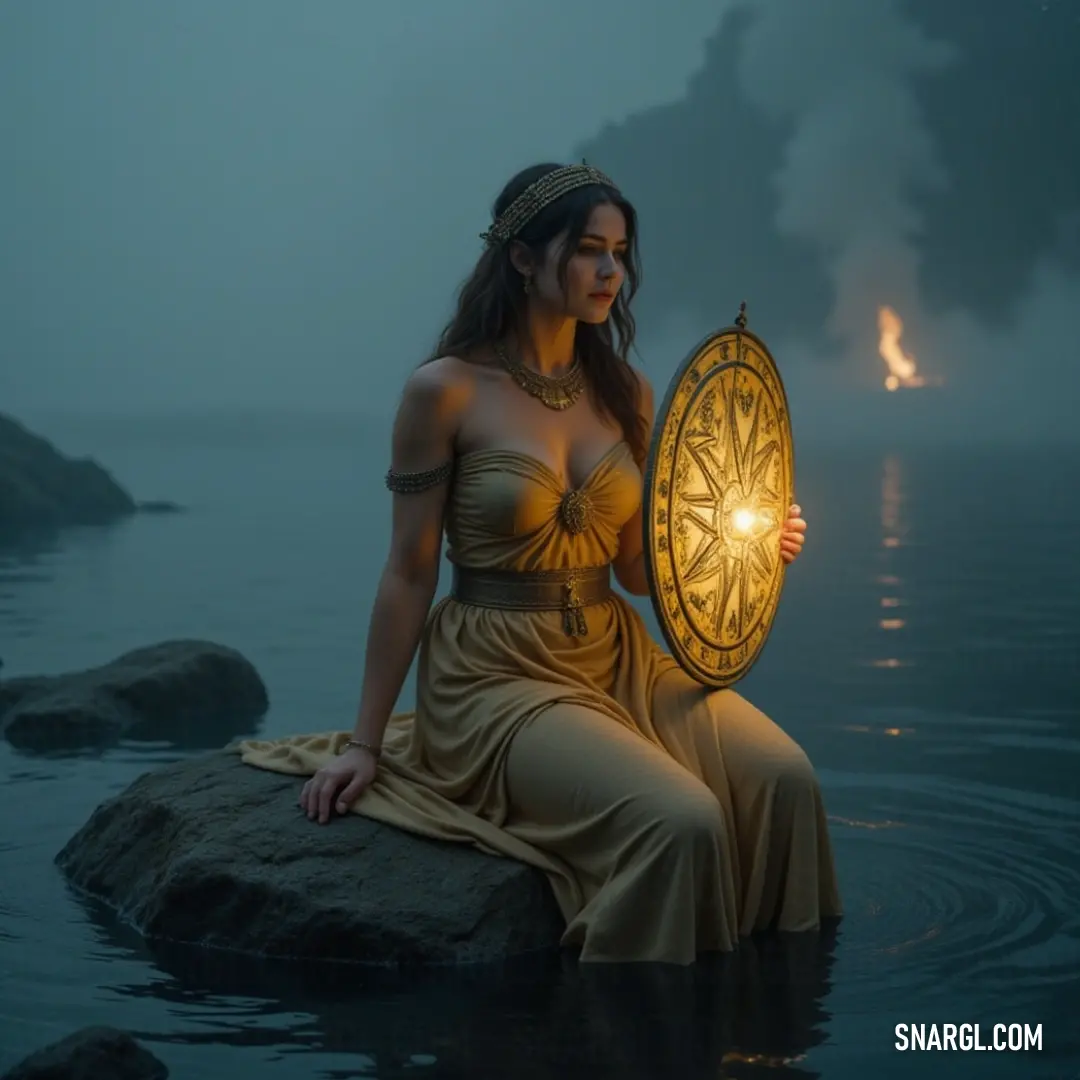 Siren of the Abyss in a flowing dress illuminating peaceful waters with a whimsical boat beyond. Draped in an exquisite flowing dress, the Siren of the Abyss illuminates the tranquil waters with a glowing light, while a quaint boat drifts lazily in the background, hinting at stories of adventure on the waves.