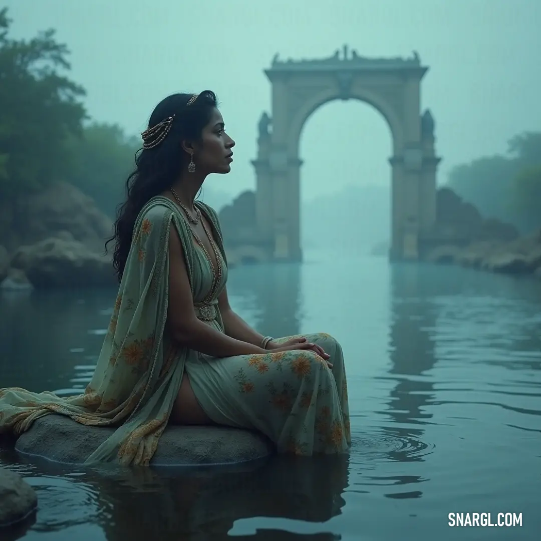 Siren of the Abyss perched on a rock in tranquil waters with an enchanting bridge in the background. A mesmerizing Siren of the Abyss rests gracefully on a rugged rock, surrounded by calm waters, while an elegant bridge arches over the serene landscape behind her, invoking a sense of enchanting mystery.