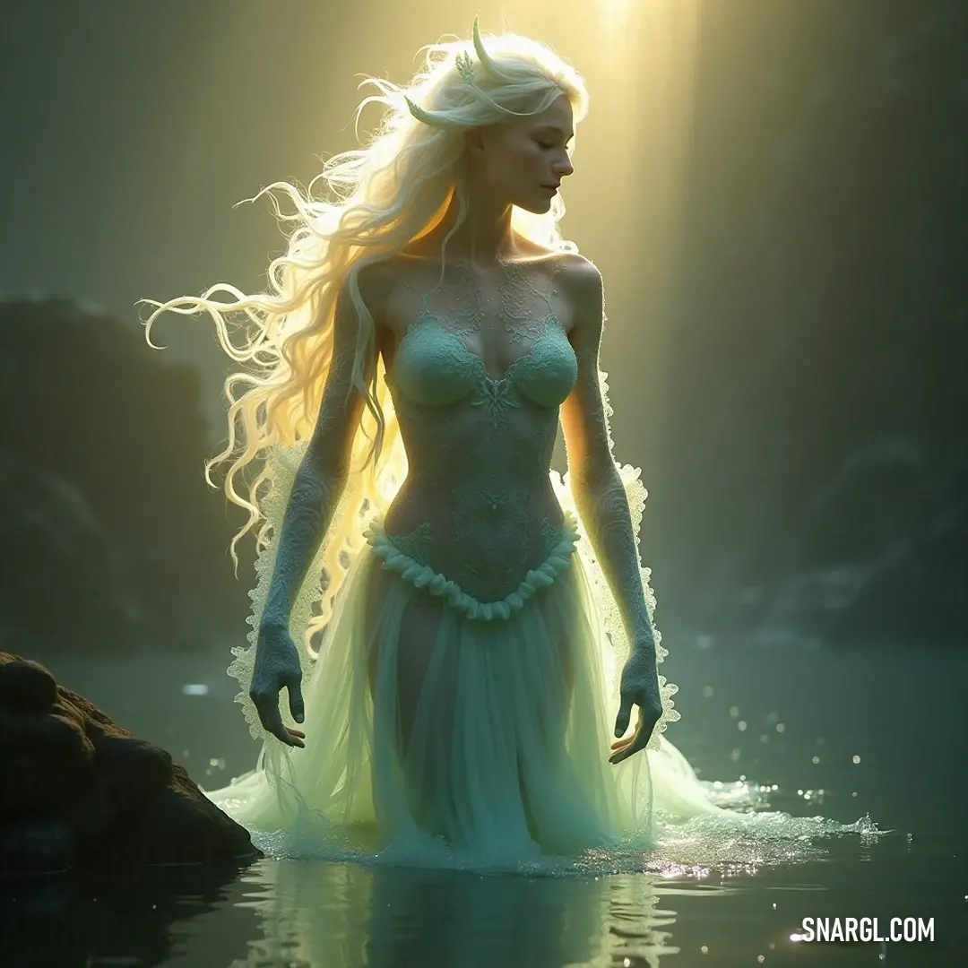 A captivating siren in a white dress stands gracefully in the water, her hair cascading in the wind as a dazzling light casts a magical aura around her, evoking the beauty of mythical tales. A mystical siren in a flowing white dress stands serenely in shimmering water, her hair dancing in the breeze as a radiant beam of light envelops her, creating an enchanting atmosphere reminiscent of a dream by the sea.