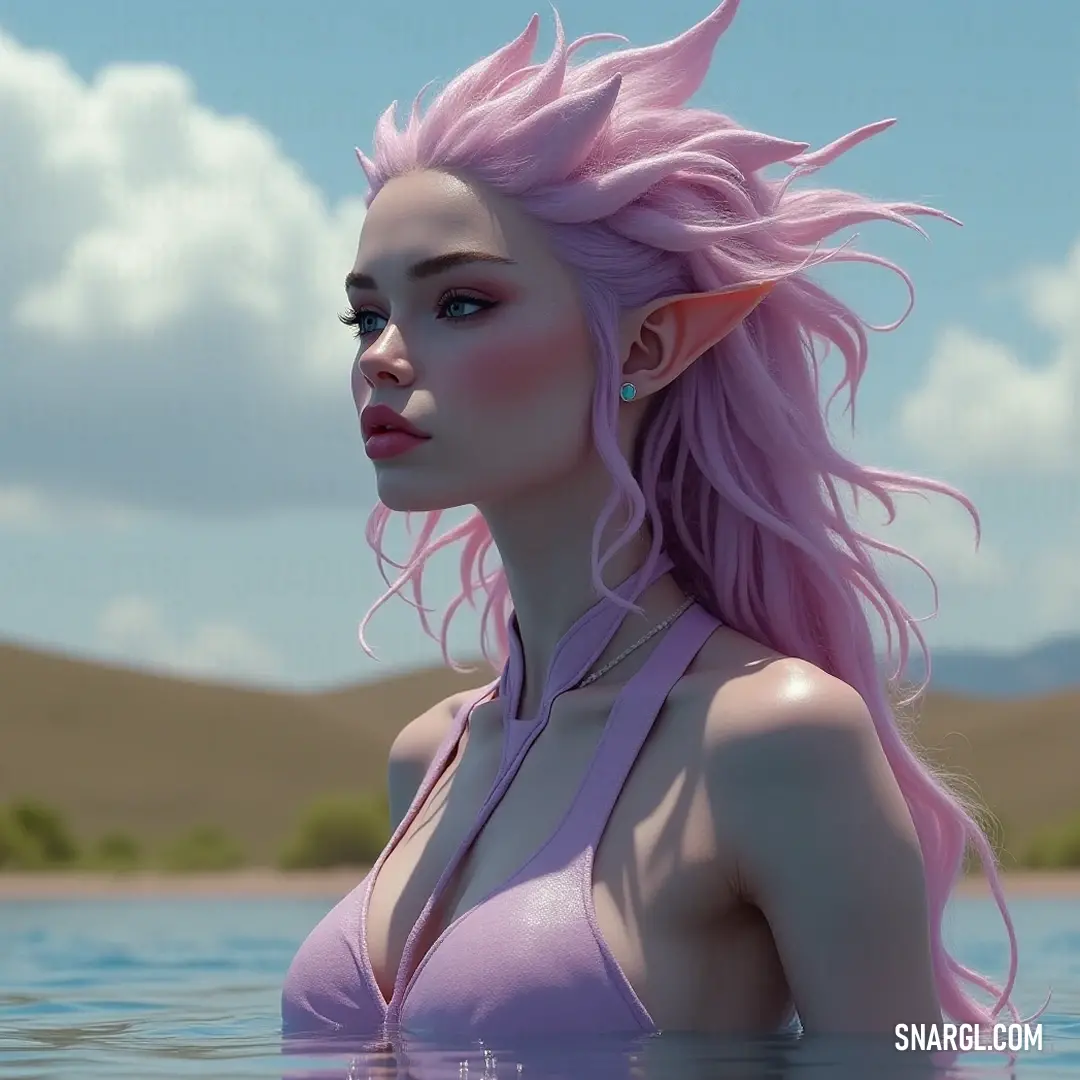 A siren with vibrant pink hair gracefully swims in shimmering water, wearing a stylish pink bikini top. Above her, a brilliant sky adds a magical backdrop to the scene, enhancing the enchanting atmosphere of the crystal-clear ocean.