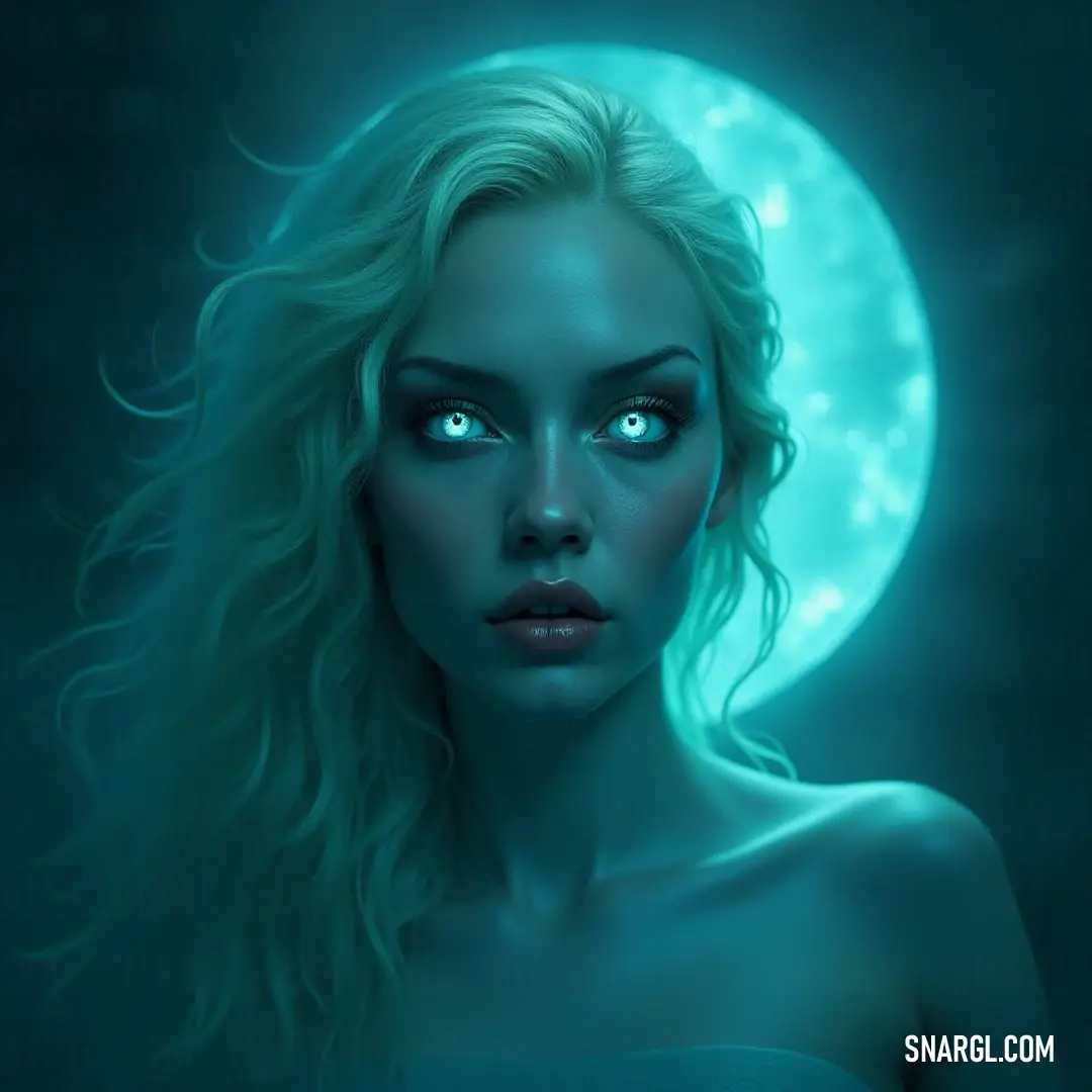 An enchanting siren with striking blue eyes gazes up at a luminous moon, her presence evoking a serene and mystical atmosphere. A siren with captivating blue eyes stands gracefully under the watchful glow of a shimmering moon, her ethereal beauty reflecting the mysteries of the night.