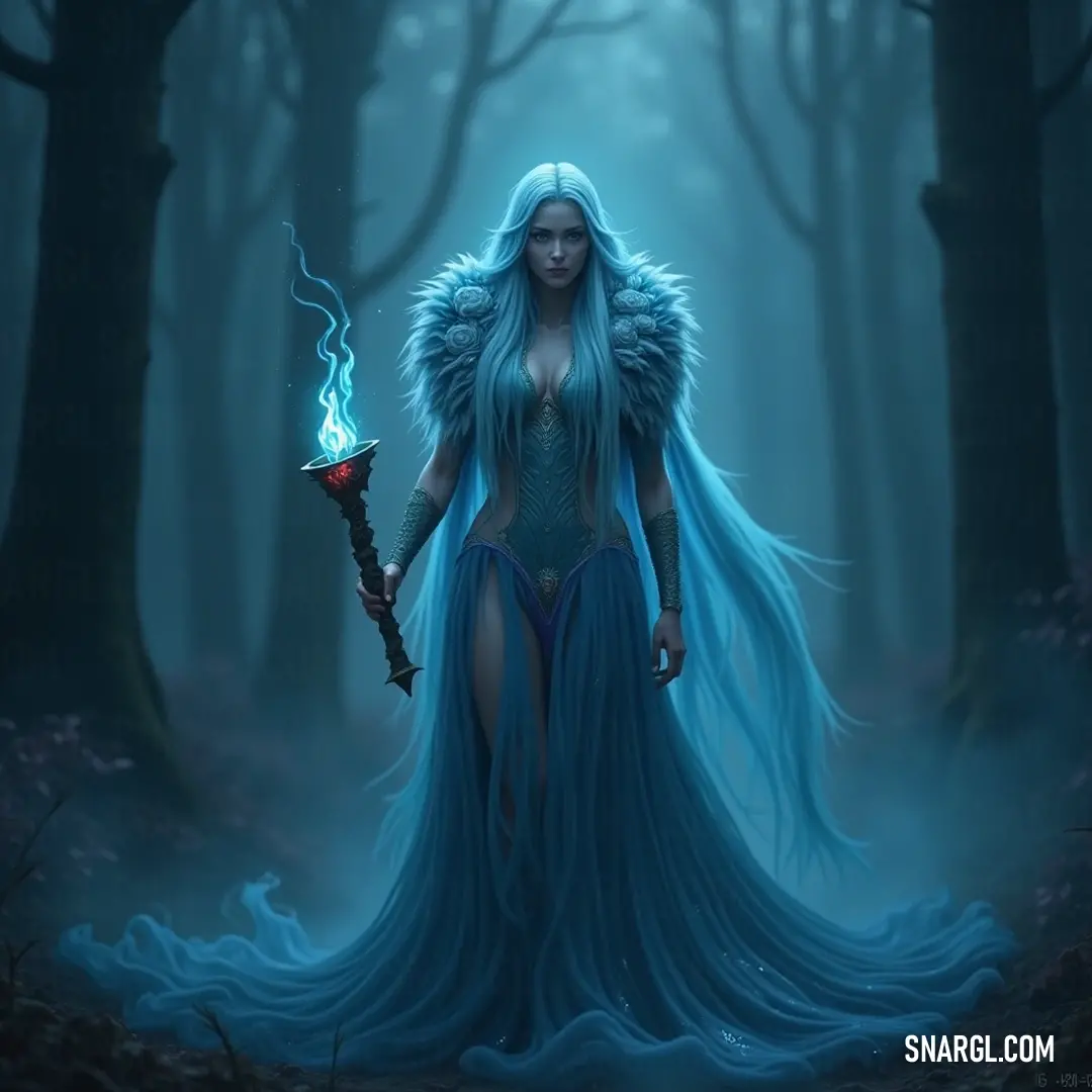 A mystical siren draped in an elegant blue dress stands confidently in a dense forest, illuminating her surroundings with a radiant torch, as ethereal fog weaves through the towering trees around her.