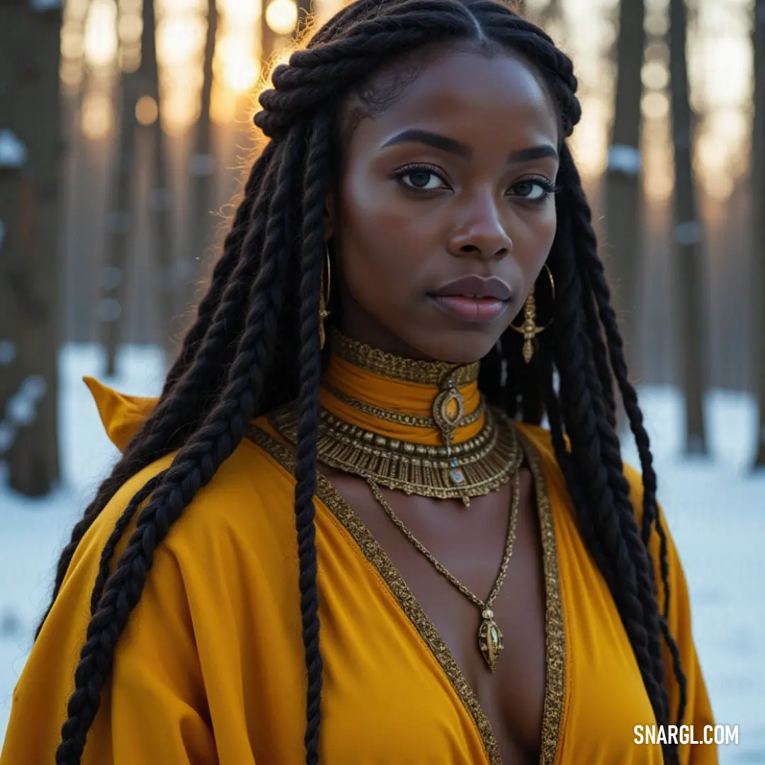 A girl in a flowing yellow dress and braids stands in snowy surroundings, framed by towering trees under a clear winter sky. A young girl with beautiful braids dressed in a vibrant yellow gown braves the chilly snow, surrounded by majestic evergreen trees standing tall in the frosty landscape.