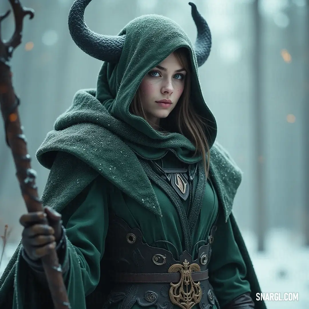 Amidst the snowy trees, she stands as a figure of nature's spirit, her green attire and horned headdress highlighting her bond with the wilderness and the magic of the wintery landscape. In a snowy forest, she wears a striking green outfit, holding a stick and boasting a horned headdress that signifies her connection to nature. The snowy backdrop adds to the enchanting atmosphere, intertwining elements of fantasy and wilderness.