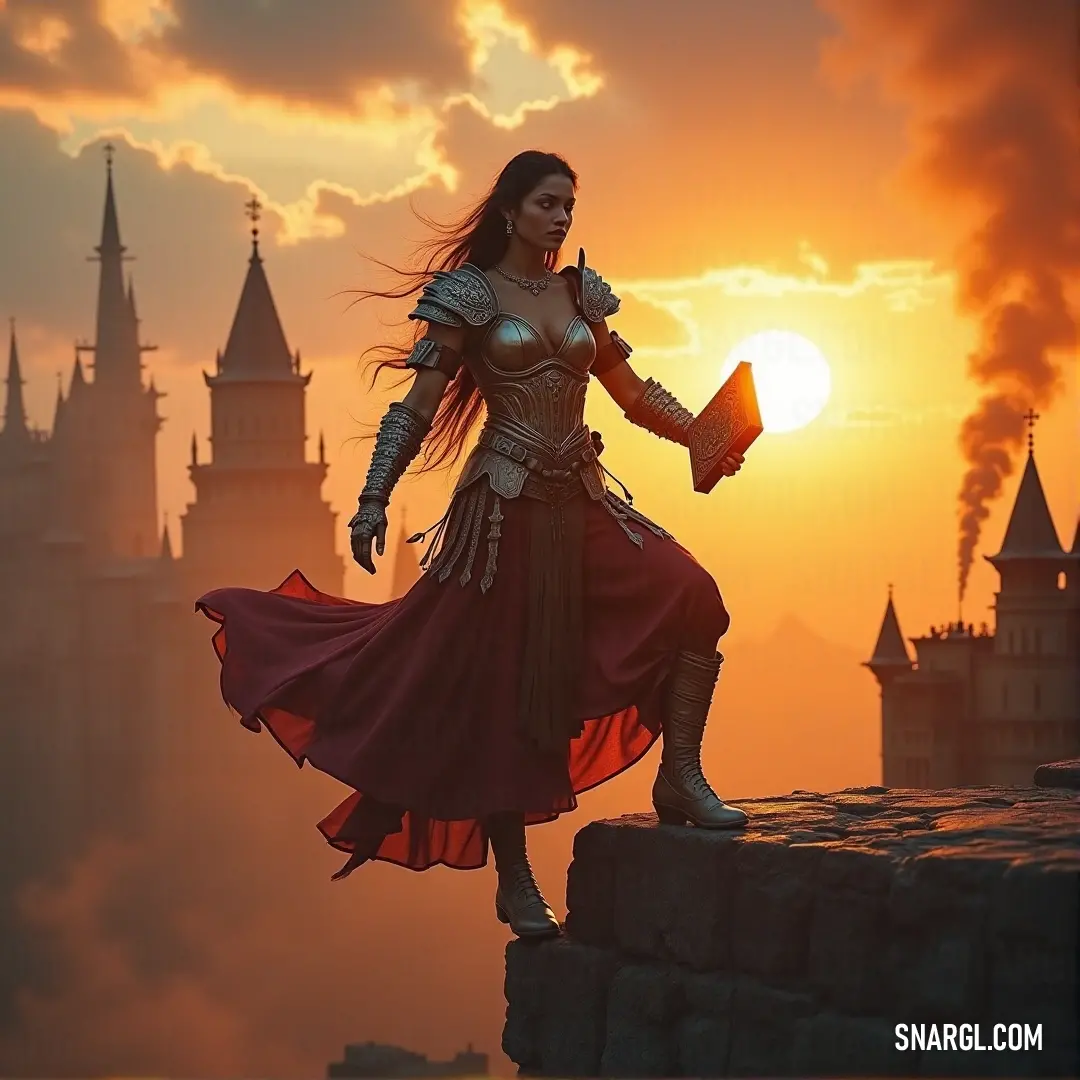 Sita in a red dress stands on a castle wall with a book in hand, bathed in the golden light of a setting sun, creating a peaceful, contemplative mood. Sita stands gracefully on a castle wall, her red dress flowing as she holds a book. The sun sets in the background, casting a warm glow and highlighting her serene, thoughtful expression.