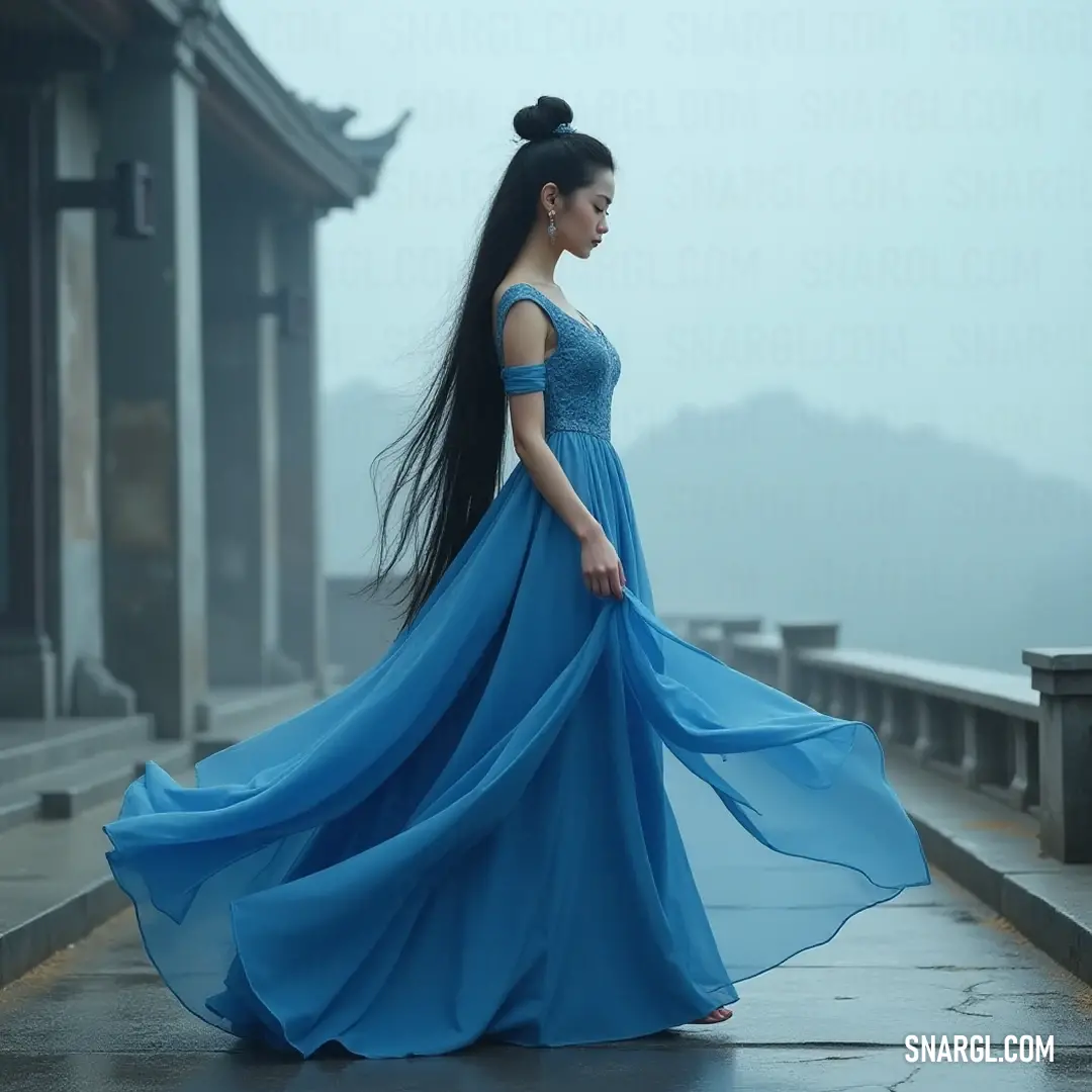 A serene figure in a flowing blue dress braves the rain, her elegant bun framing her face as she becomes part of a poetic, dreamlike moment, celebrated by nature's embrace. Amidst the gentle patter of rain, a woman in a flowing blue dress stands on a walkway, her long hair elegantly styled in a bun. The ambiance exudes a poetic charm, as droplets glisten around her, creating a dreamlike atmosphere of beauty and whimsy.