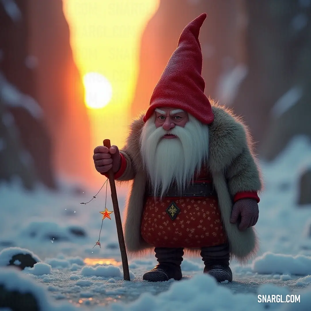 Sixten, the small toy, holds his stick triumphantly as the snow glistens in the evening's warm sunset light. A charming little toy named Sixten stands proudly in the snow at twilight, holding a stick, with the serene hues of sunset casting a warm glow around him.