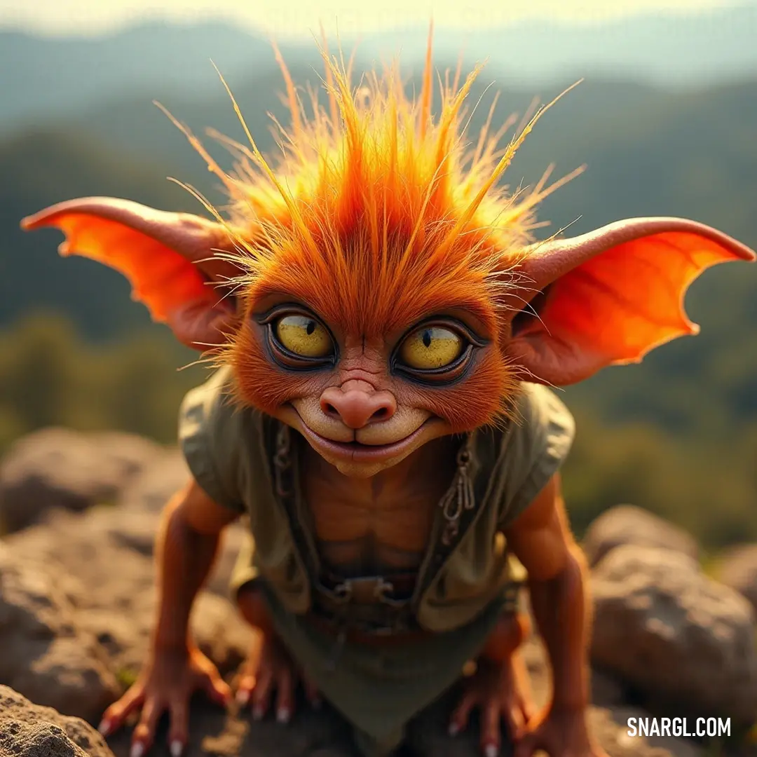 A small Sizzle with fluffy orange hair stands on a rock with majestic mountains in the background, perfectly blending adventure and tranquility. A small, charming Sizzle with fluffy orange hair and bright eyes stands on a rock, with majestic mountains rising in the background, perfectly capturing the blend of adventure and serenity in nature.
