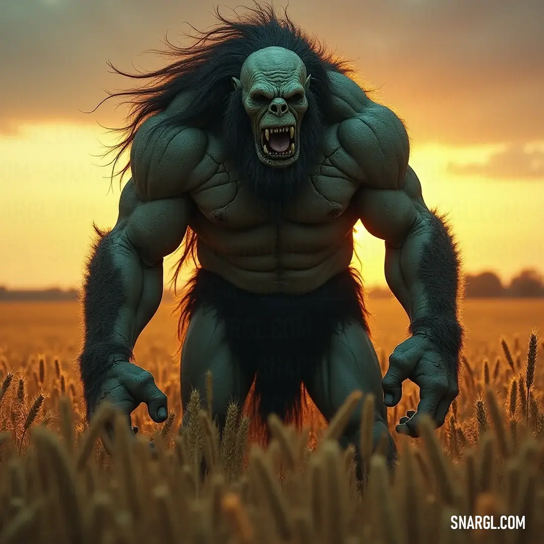 Skaar: The Colossal Guardian of the Golden Fields A giant Skaar, grinning menacingly, stands in a sun-drenched wheat field at dawn or dusk. The golden hues of the landscape contrast with his dark features, creating a captivating display of beauty and impending danger, evoking an air of intrigue.