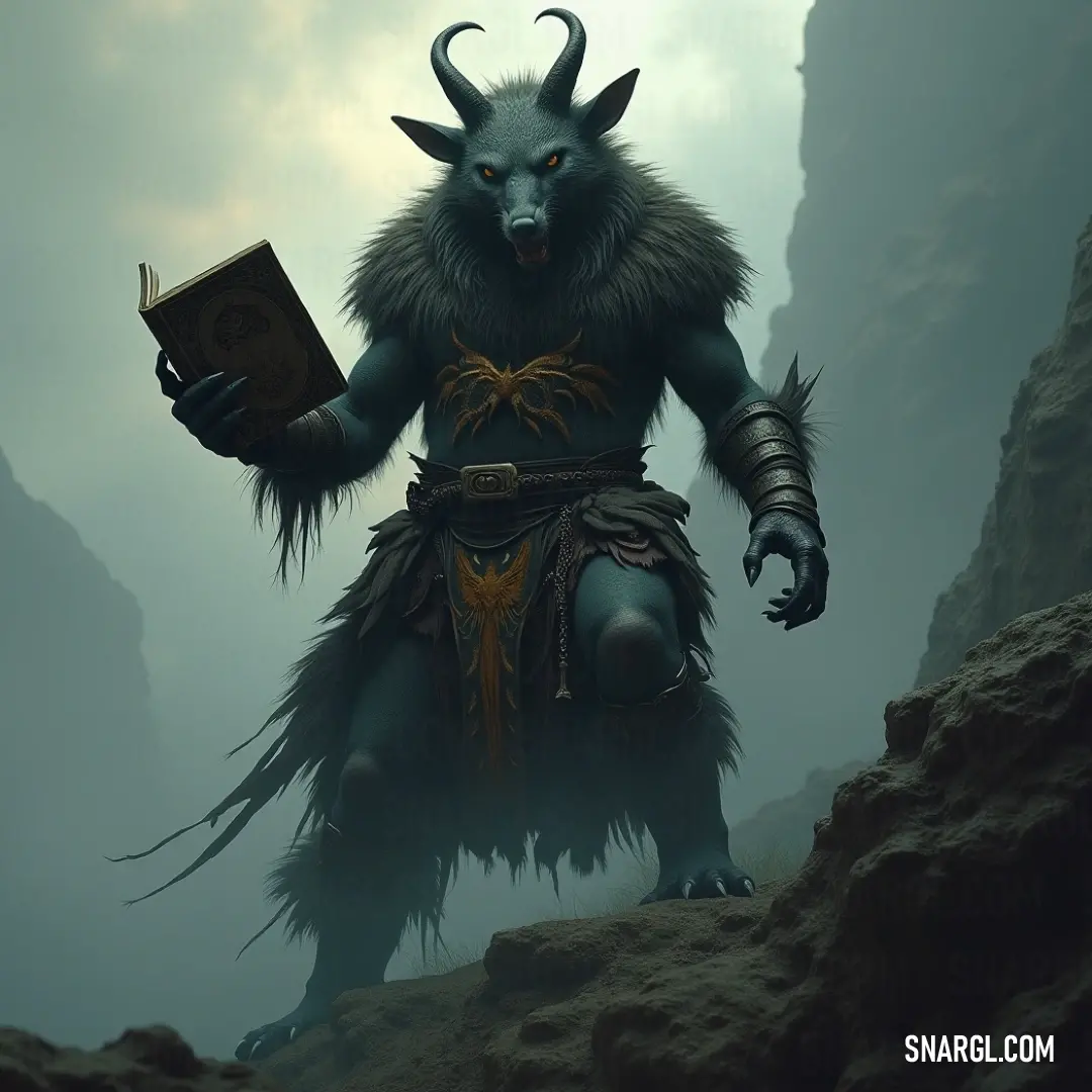 A horned figure with a book in hand stands on a rocky peak, surrounded by the ethereal mist of a foggy mountain, adding an aura of mystery and wisdom to the vast wilderness. A character with horns, gripping an ancient book, stands atop a rocky formation in a foggy, mystical mountain. The mist shrouds the landscape, giving the scene a sense of adventure and secrets hidden in the rugged terrain.