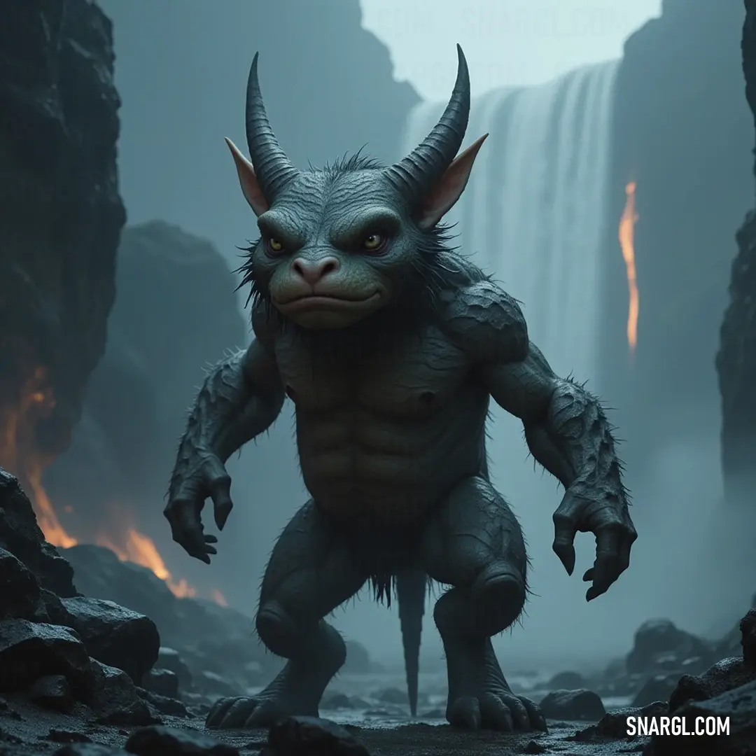 A formidable Skarn with imposing horns stands confidently in a breathtaking cave, illuminated by the cascading waterfall that creates a magical ambiance.