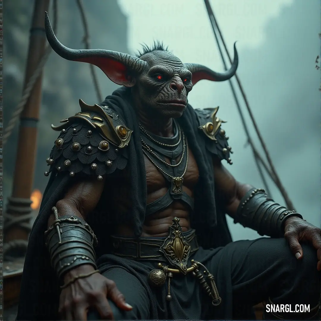 Skarsnik in a horned costume on a boat in the ocean with horns on his head and a chain around his neck