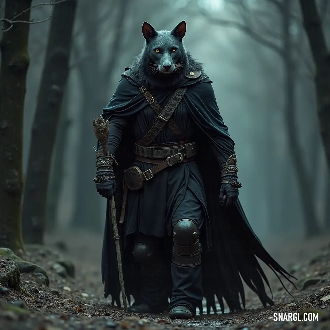 Stealthy Skaven in the Enigmatic Forest A stealthy Skaven dressed in a sleek black outfit and a wolf mask, traverses a lush forest, where towering trees and vibrant leaves provide both cover and an enticing adventure.