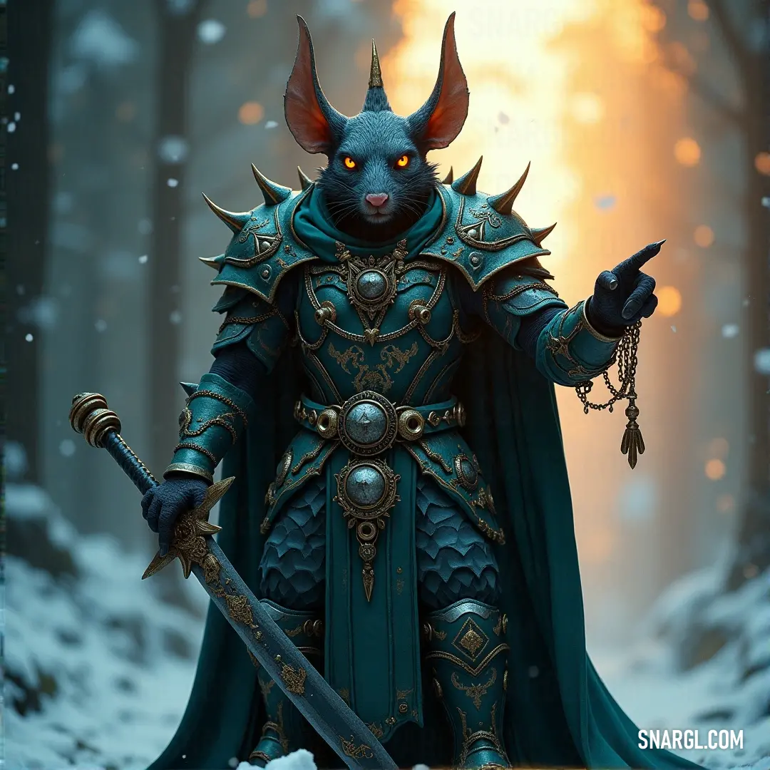 Painting of a Skaven Lord in a detailed costume, wielding a sword, with a glowing light radiating from behind him. A dramatic painting depicts a Skaven Lord, adorned in an intricate costume, holding a sword in one hand as a radiant glow envelops him from behind, symbolizing his power and dominance.