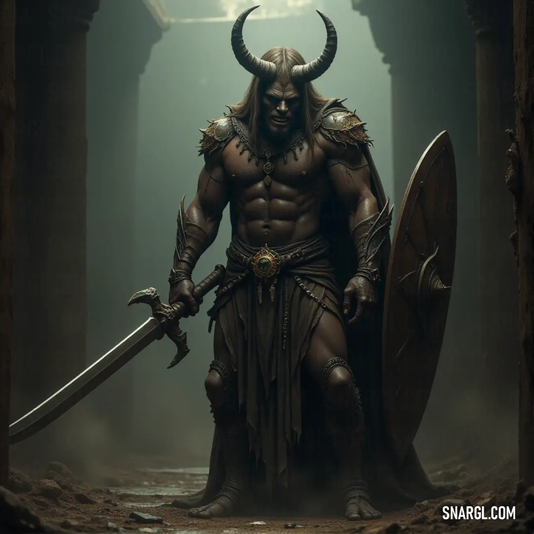 The Skelefiend, horned and armored, stands in a dark cave, sword and shield ready for battle amidst the eerie columns of stone. The Skelefiend, adorned with horns and a horned head, stands in a shadowy cave, gripping a sword and shield with ease. The jagged columns of the cave loom around it, as if the very walls are alive with dark energy.